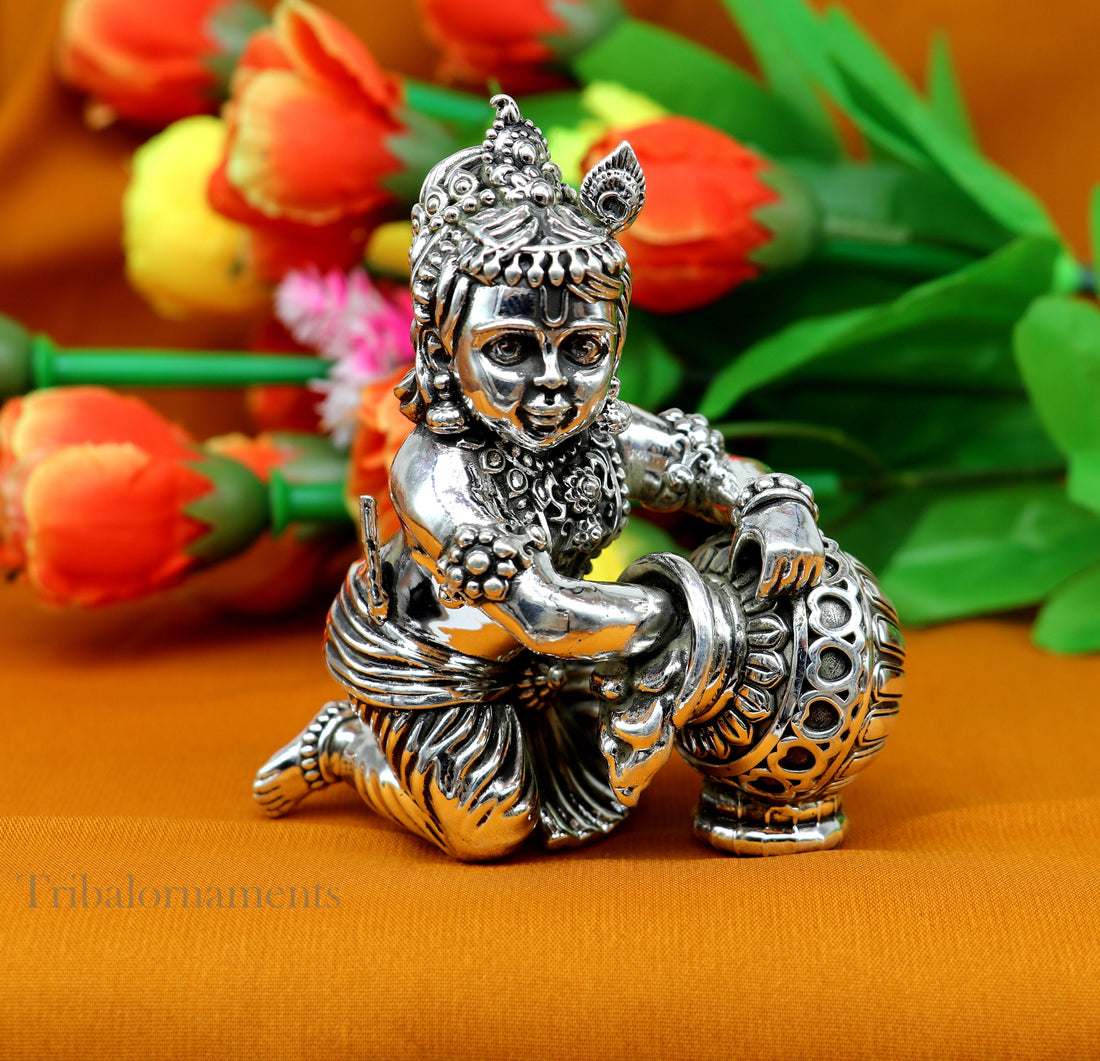 925 Sterling silver customized Idol Krishna Bal Gopal statue figurine, laddu gopal crawling Krishna sculpture, Makhan gopala statue art221 - TRIBAL ORNAMENTS