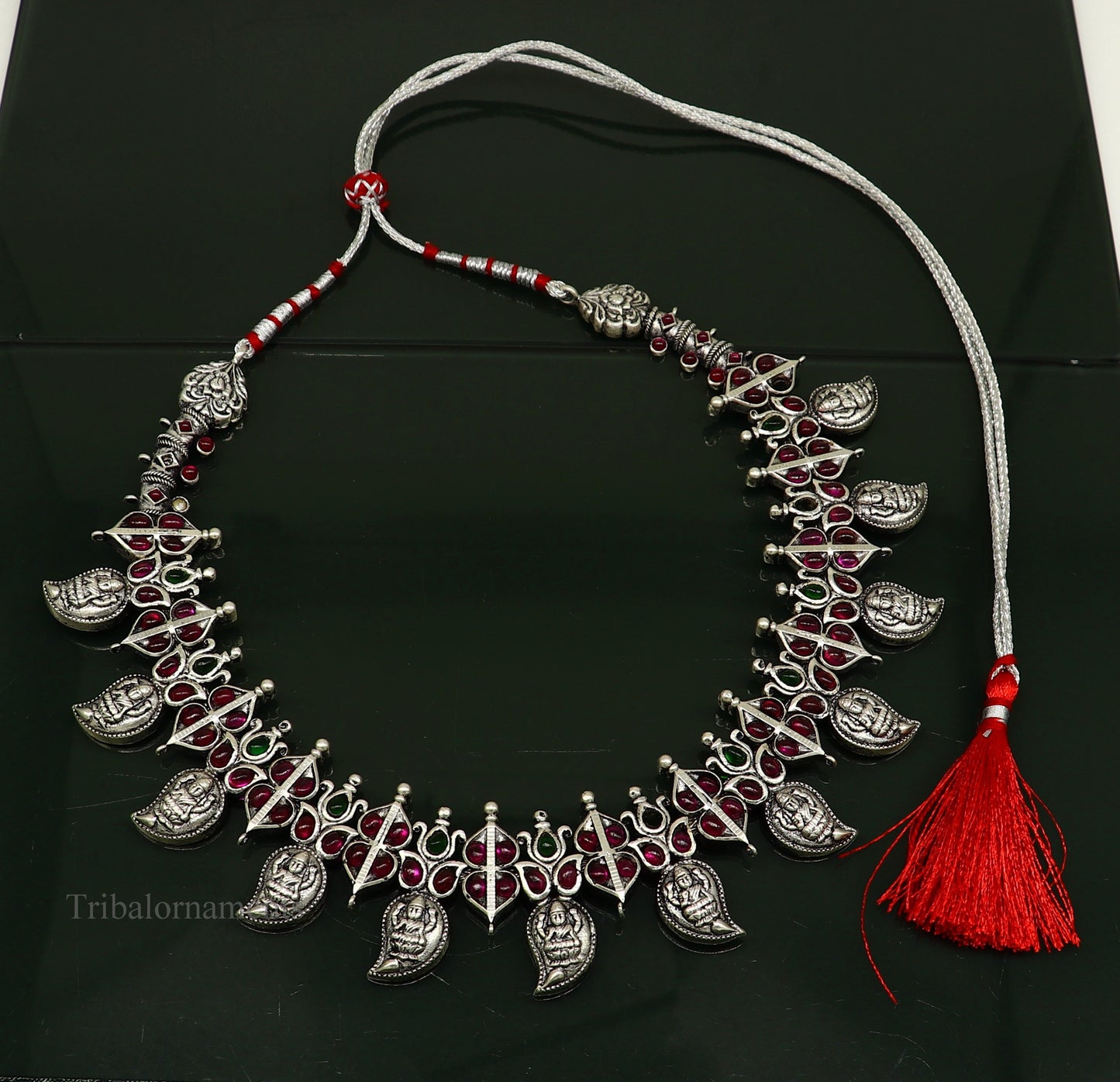 925 sterling silver handmade Goddess Laxmi stylish cut stone work necklace, wedding brides charm wedding Guttapusalu necklace jewelry set257 - TRIBAL ORNAMENTS