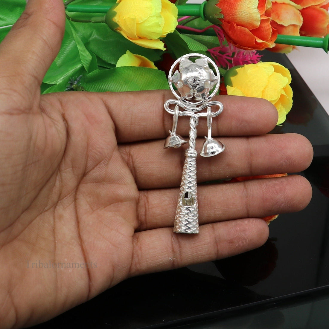 Solid sterling silver handmade design new born baby gifting bells toy, baby krishna gifting toy, silver whistle, silver temple article su407 - TRIBAL ORNAMENTS