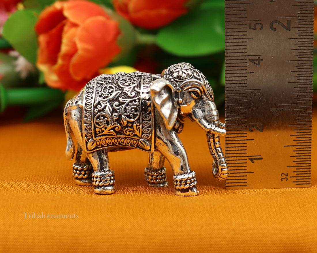 925 Sterling silver Kandrai work Nakshi/ chitai design customized Elephant statue, puja article figurine, décor Diwali puja articles su494 - TRIBAL ORNAMENTS