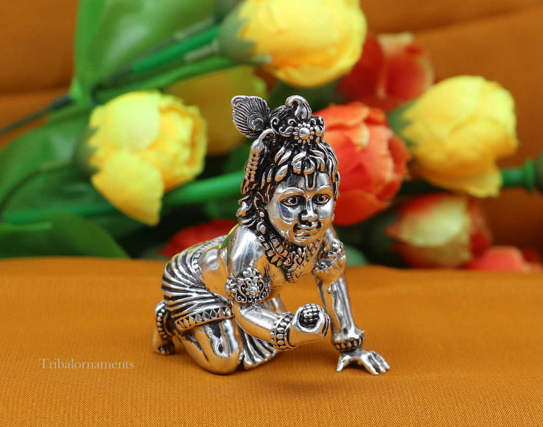 925 Sterling silver Handmade crawling Krishna Bal Gopal statue figurine, laddu gopal sculpture crawling Krishna temple silver article su210 - TRIBAL ORNAMENTS