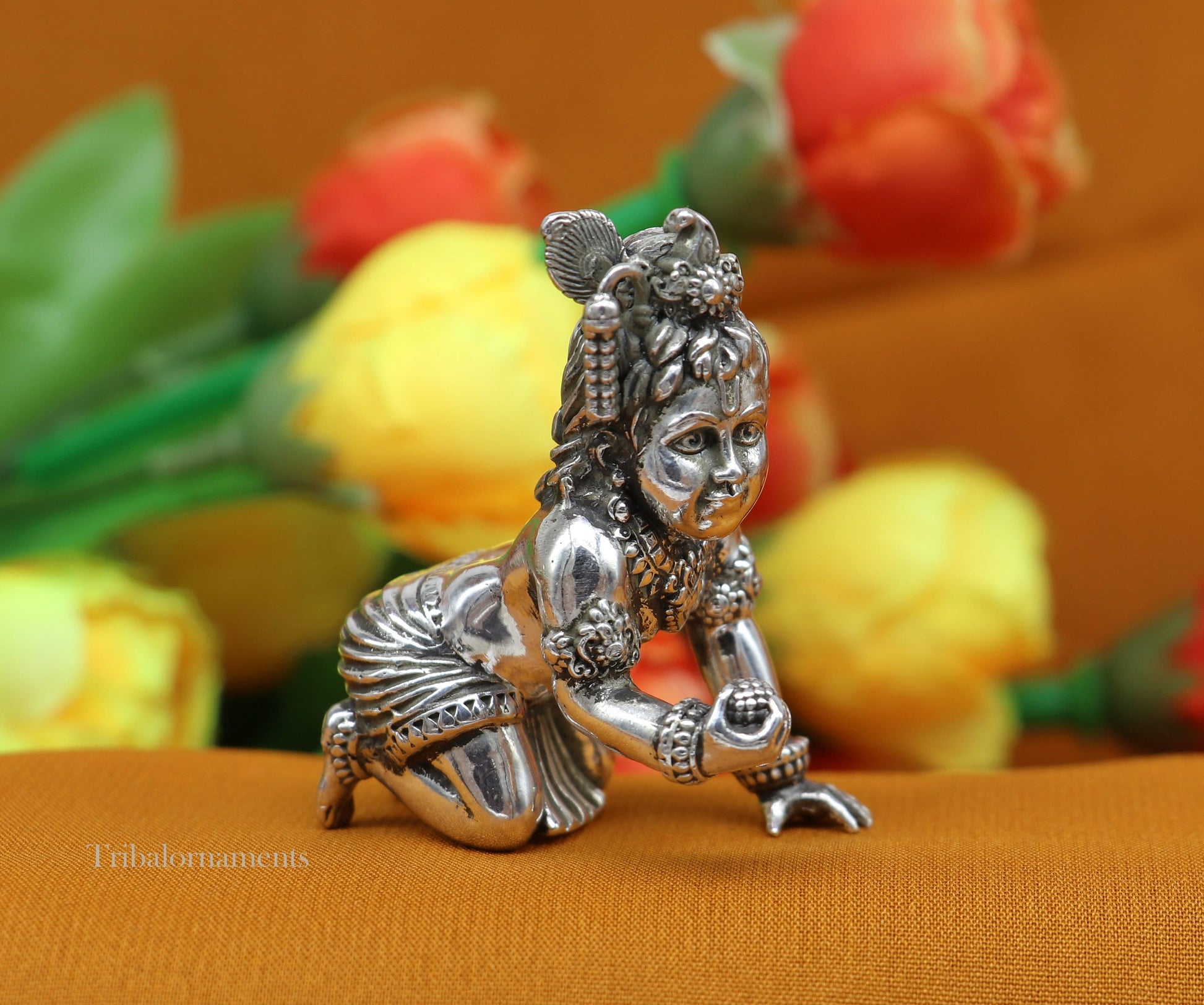 2" 925 silver handmade idol god little Krishna, Laddu Gopal, crawling Krishna small statue sculpture temple puja art, Diwali gift art224 - TRIBAL ORNAMENTS