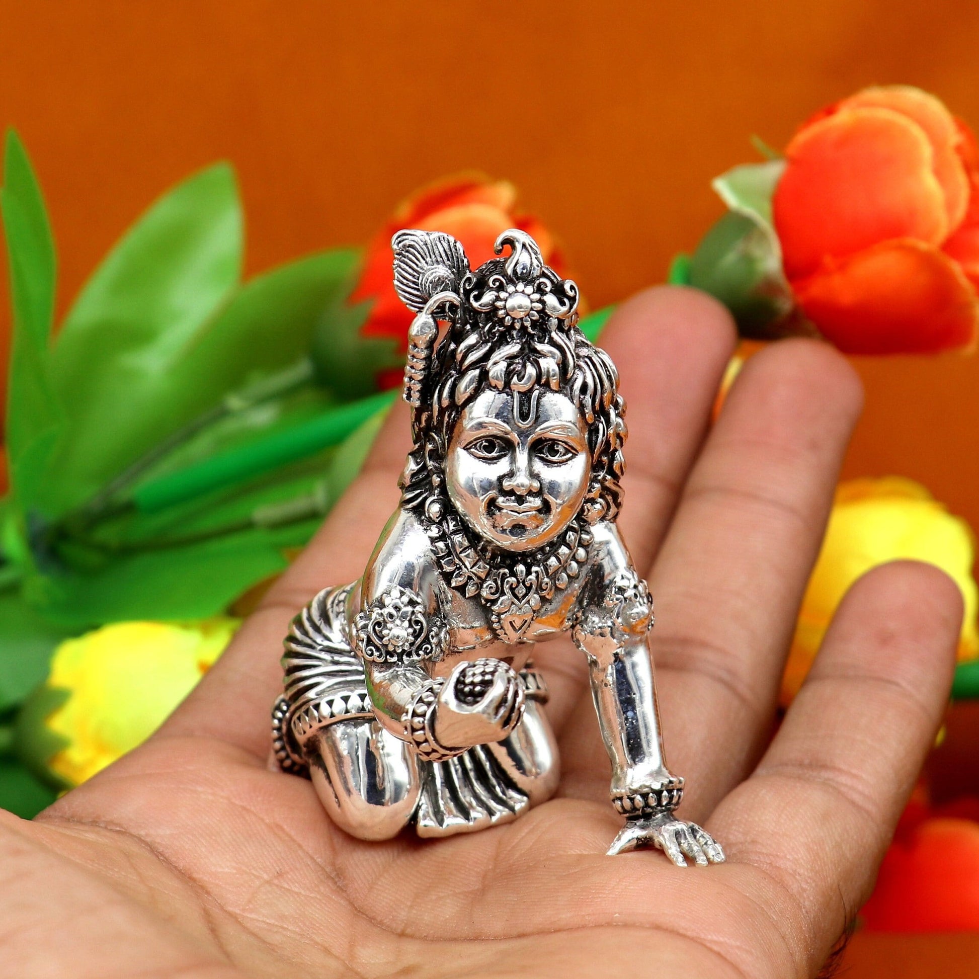 2" 925 silver handmade idol god little Krishna, Laddu Gopal, crawling Krishna small statue sculpture temple puja art, Diwali gift art231 - TRIBAL ORNAMENTS