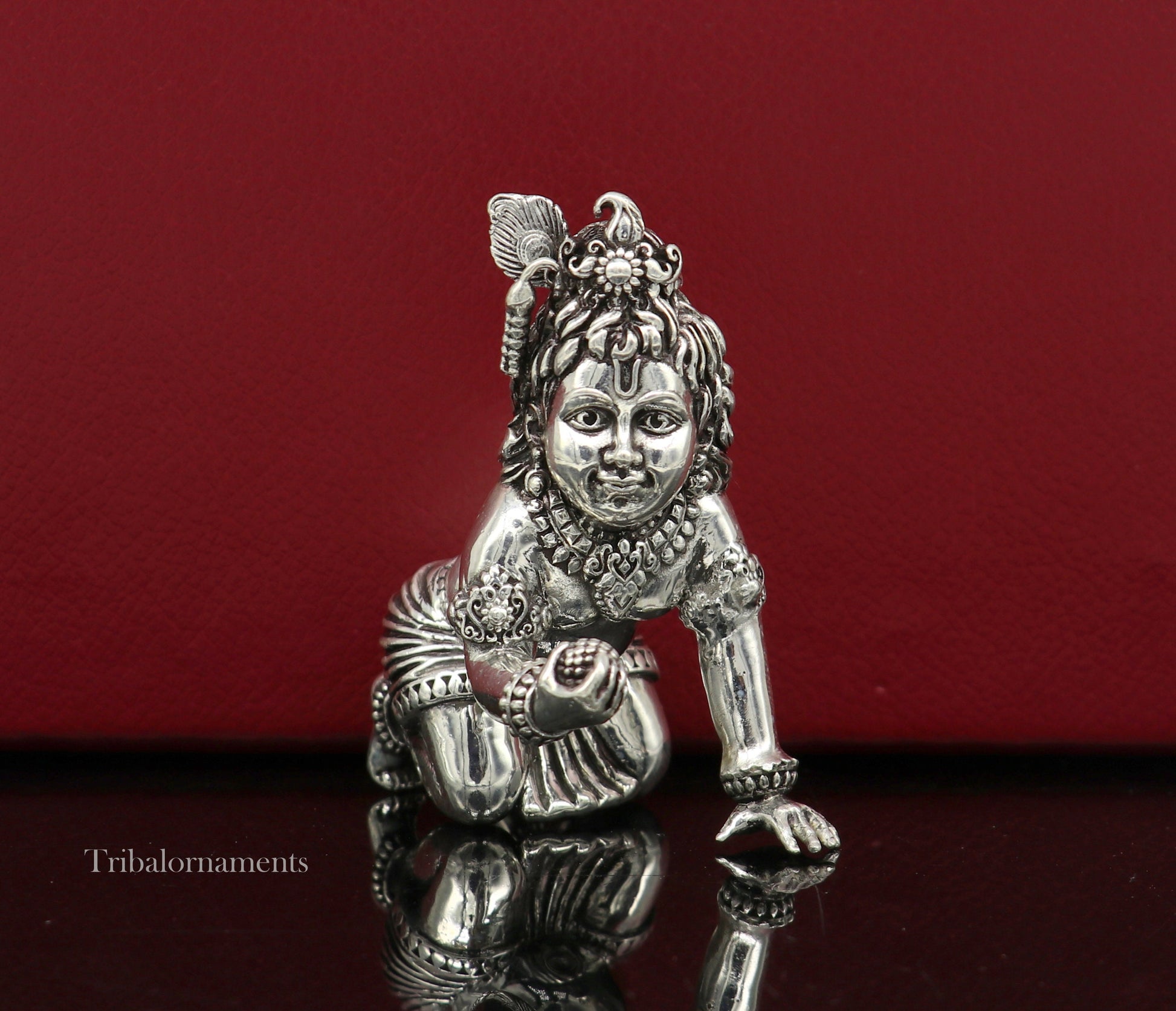 2" 925 silver handmade idol god little Krishna, Laddu Gopal, crawling Krishna small statue sculpture temple puja art, Diwali gift art224 - TRIBAL ORNAMENTS