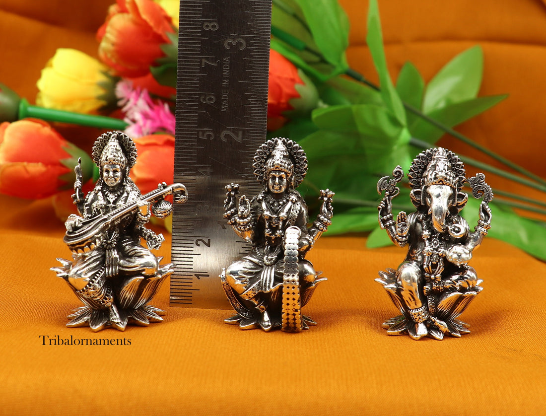 2." 925 Sterling silver handmade Hindu idols Laxmi, Ganesha and Saraswati statue, puja article figurine, best Diwali festival puja art55 - TRIBAL ORNAMENTS