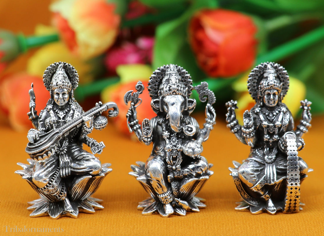 2." 925 Sterling silver handmade Hindu idols Laxmi, Ganesha and Saraswati statue, puja article figurine, best Diwali festival puja art55 - TRIBAL ORNAMENTS