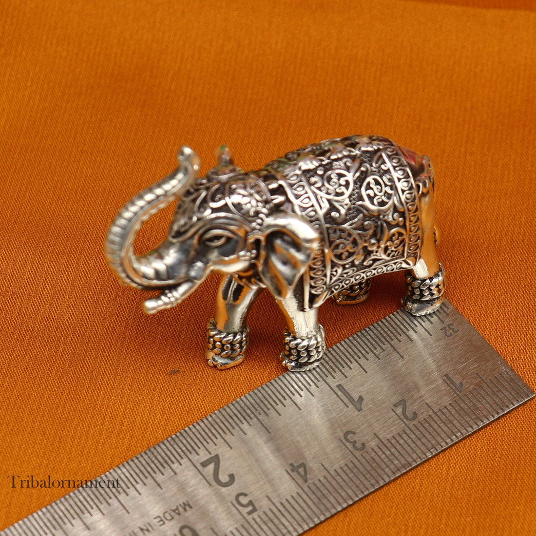 925 Sterling silver Kandrai work Nakshi/ chitai design customized Elephant statue brings luck and fortune, décor Diwali puja articles su497 - TRIBAL ORNAMENTS