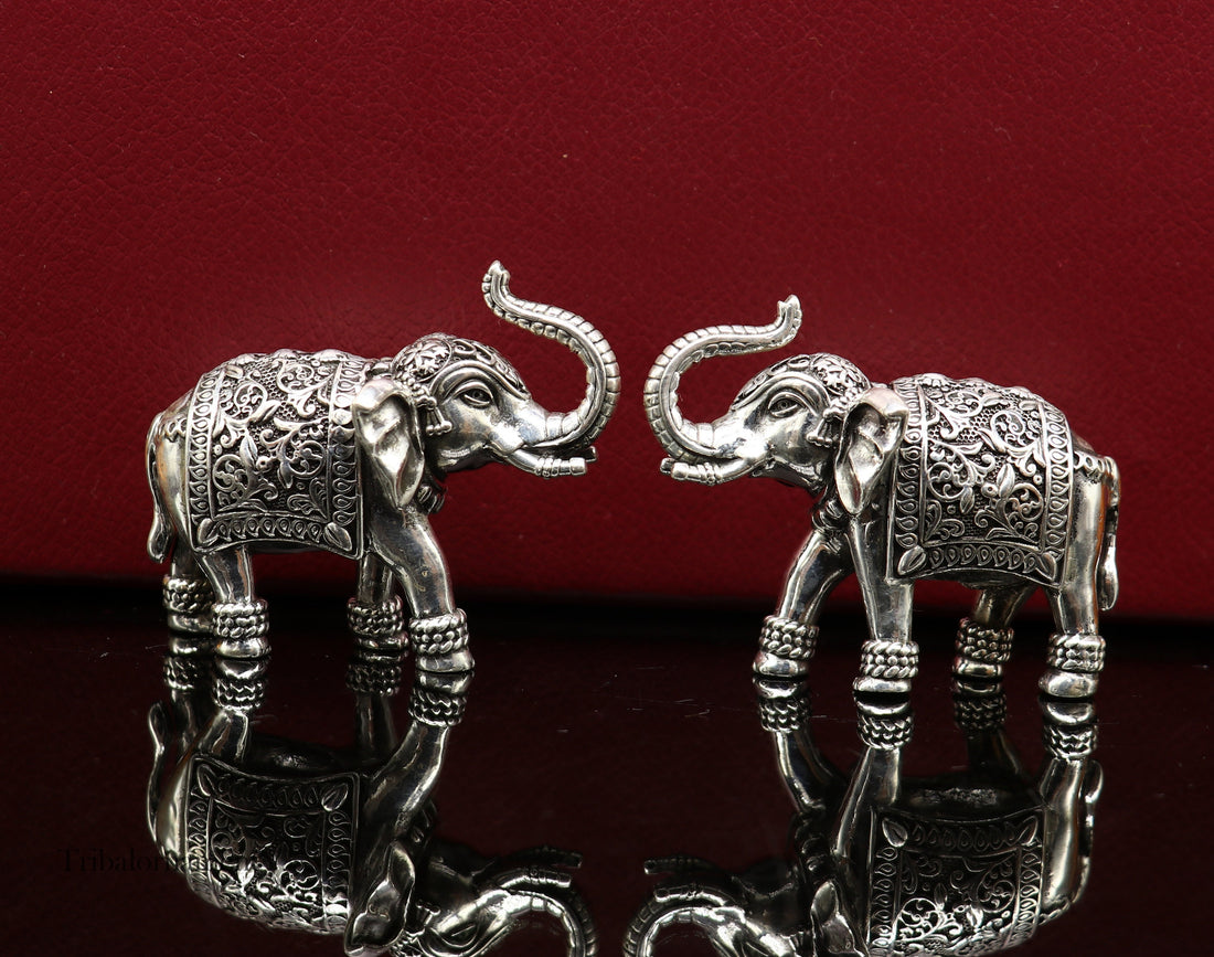 925 Sterling silver Kandrai work Nakshi/ chitai design customized Elephant statue brings luck and fortune, décor Diwali puja articles su497 - TRIBAL ORNAMENTS