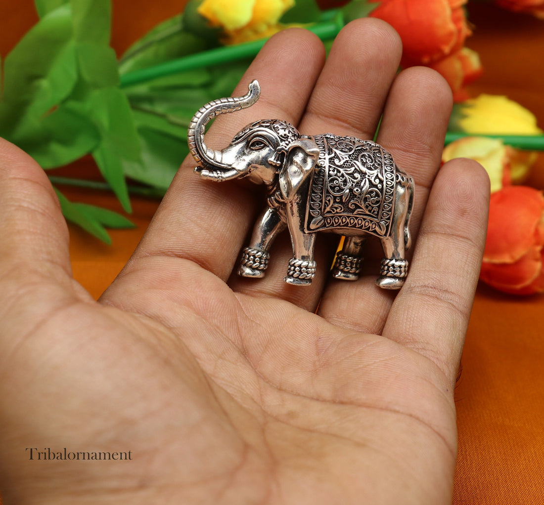 925 Sterling silver Kandrai work Nakshi/ chitai design customized Elephant statue brings luck and fortune, décor Diwali puja articles su497 - TRIBAL ORNAMENTS