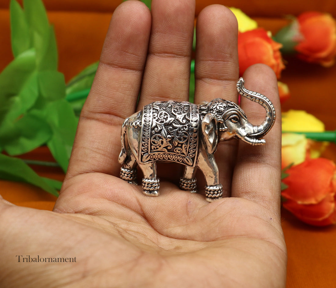 925 Sterling silver Kandrai work Nakshi/ chitai design customized Elephant statue brings luck and fortune, décor Diwali puja articles su497 - TRIBAL ORNAMENTS