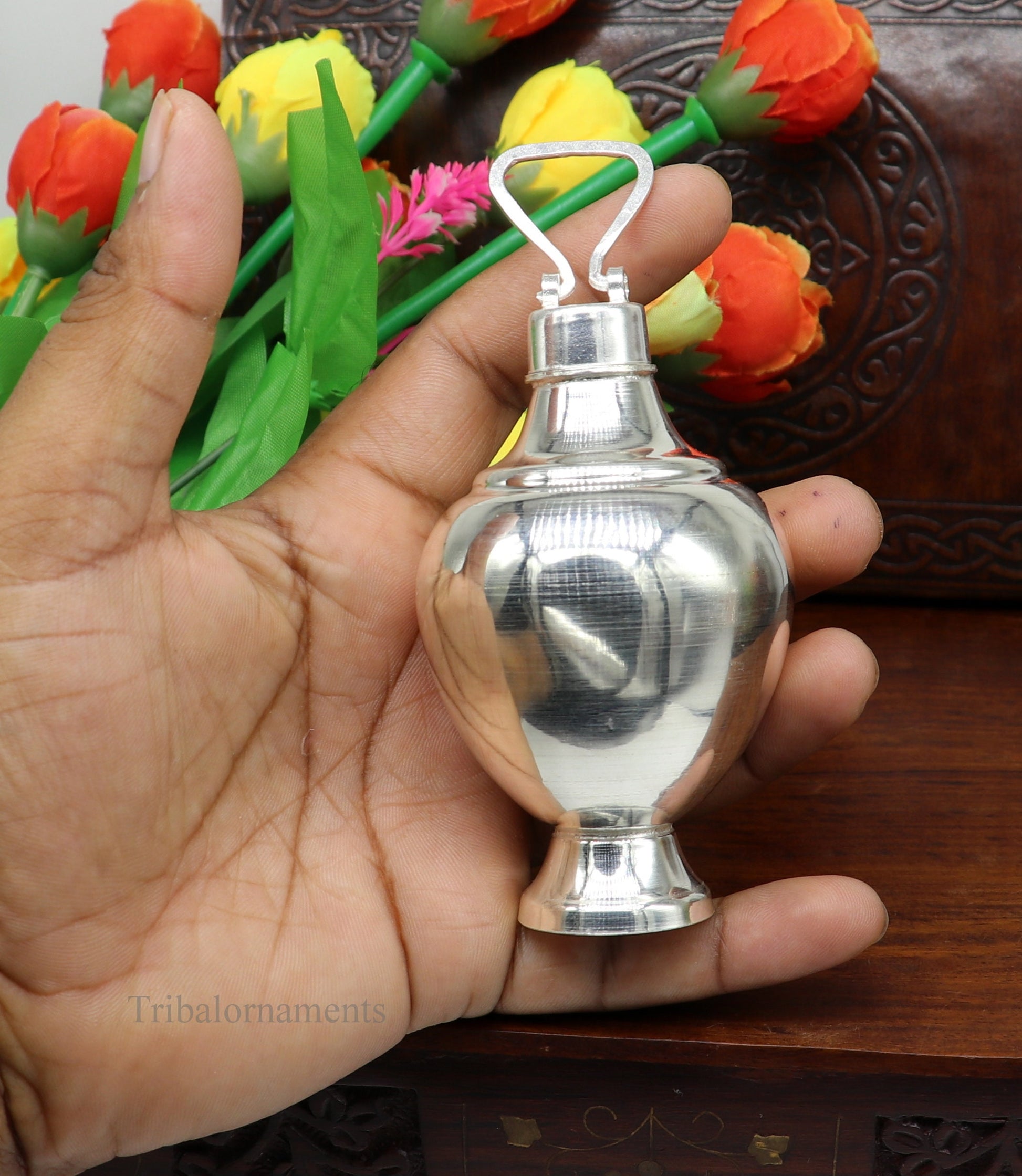 925 sterling silver handmade plain glossy Gangjali, Silver Gangajal Patra, best silver water pot kalash puja utensils Diwali special su419 - TRIBAL ORNAMENTS