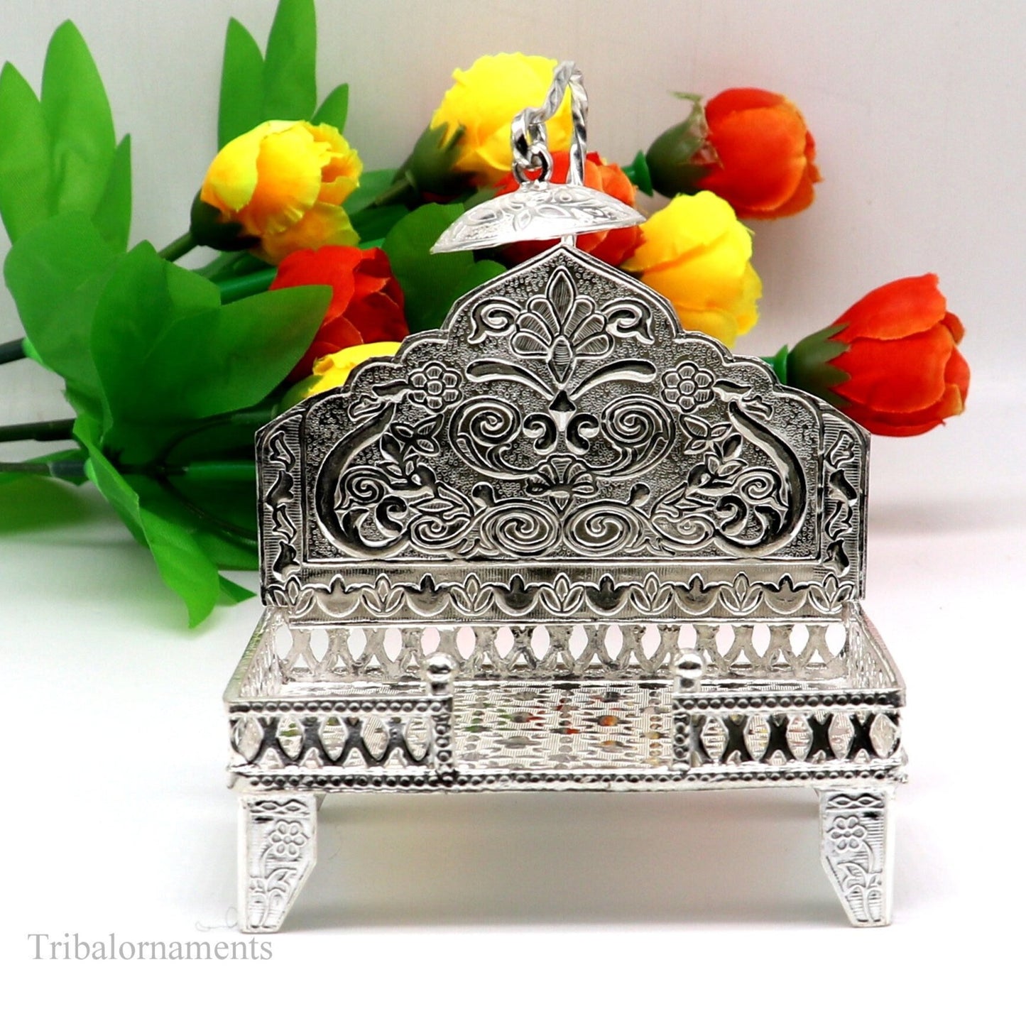 925 pure sterling silver handcrafted Singhasan, idol krishna Bal Gopala Throne, God statue's Palna chair, temple art puja article su424 - TRIBAL ORNAMENTS