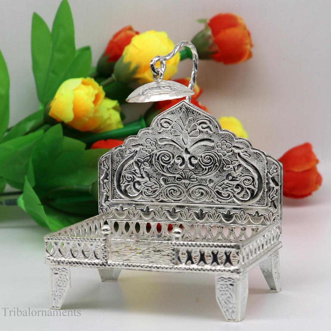 925 pure sterling silver handcrafted Singhasan, idol krishna Bal Gopala Throne, God statue's Palna chair, temple art puja article su424 - TRIBAL ORNAMENTS