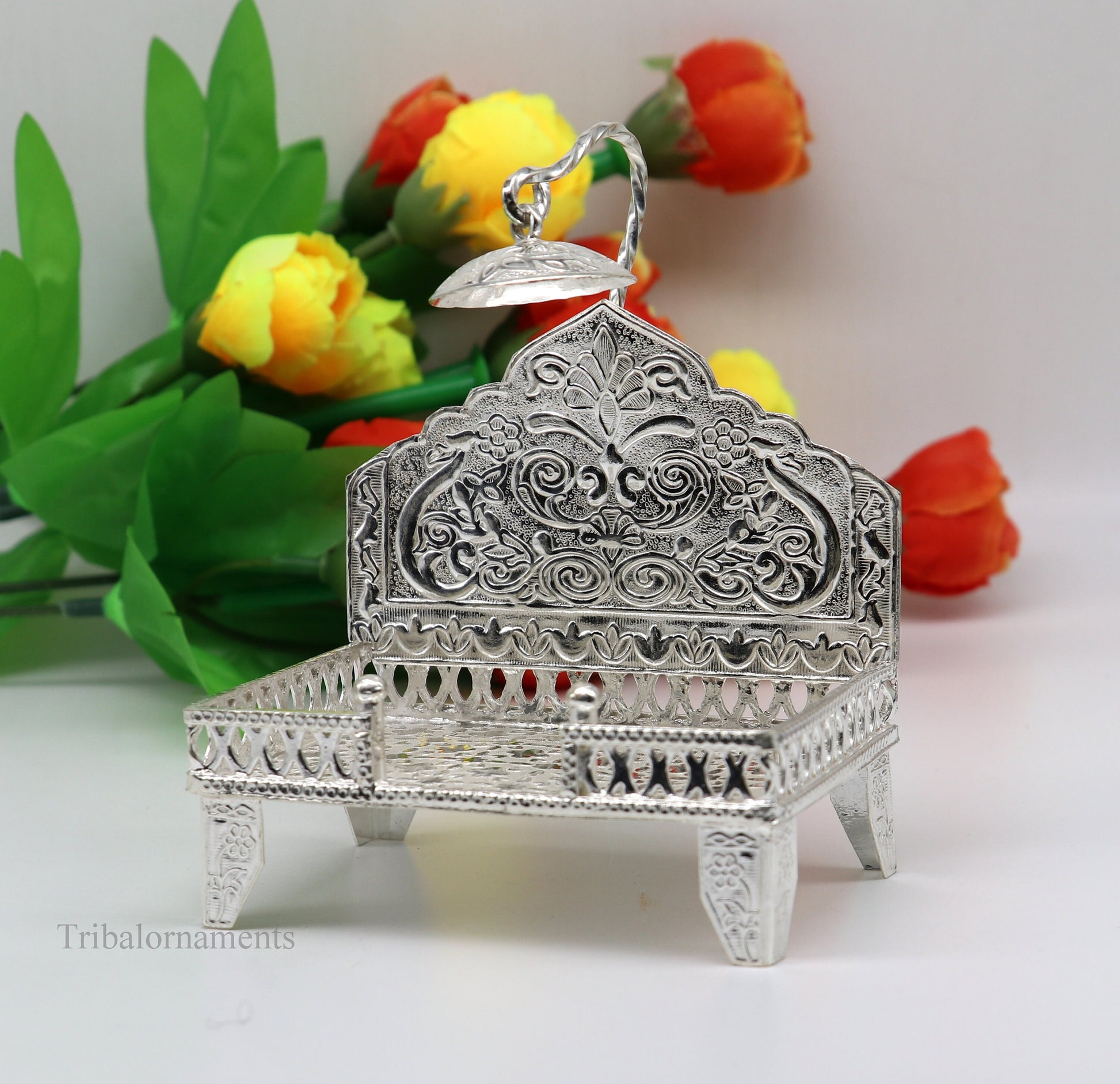 925 pure sterling silver handcrafted Singhasan, idol krishna Bal Gopala Throne, God statue's Palna chair, temple art puja article su424 - TRIBAL ORNAMENTS