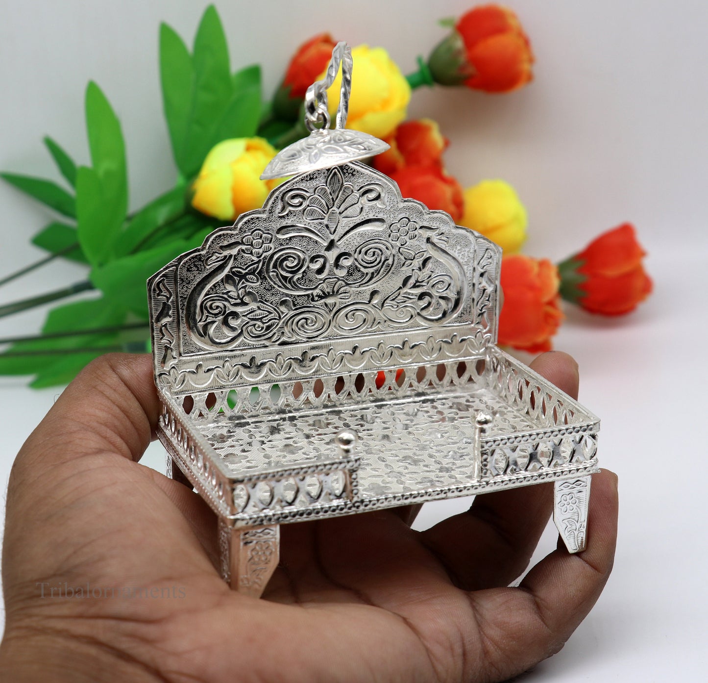 925 pure sterling silver handcrafted Singhasan, idol krishna Bal Gopala Throne, God statue's Palna chair, temple art puja article su424 - TRIBAL ORNAMENTS