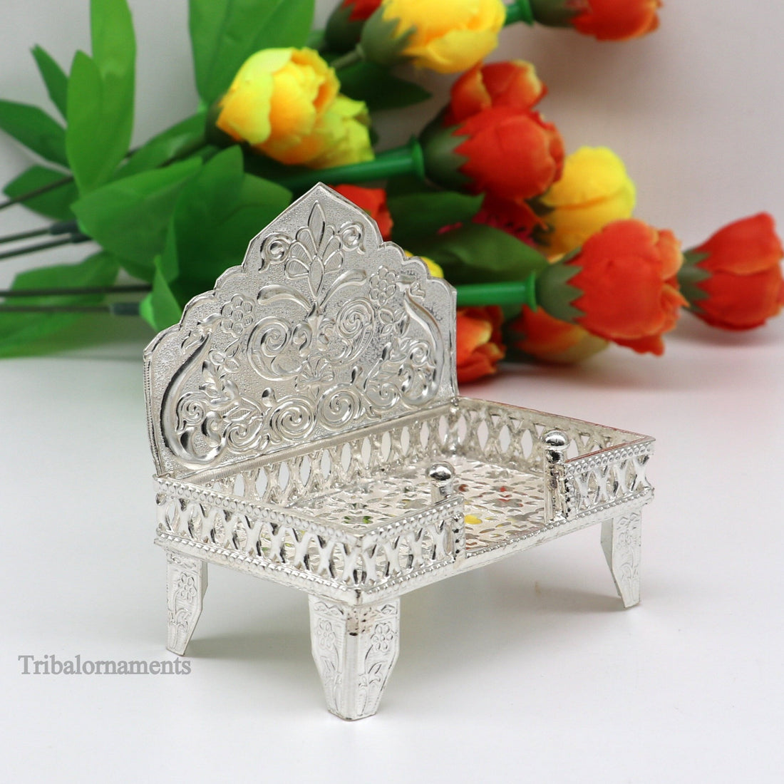 925 pure sterling silver handcrafted Singhasan, idol krishna Bal Gopala Throne, God statue's Palna chair, temple art puja article su425 - TRIBAL ORNAMENTS