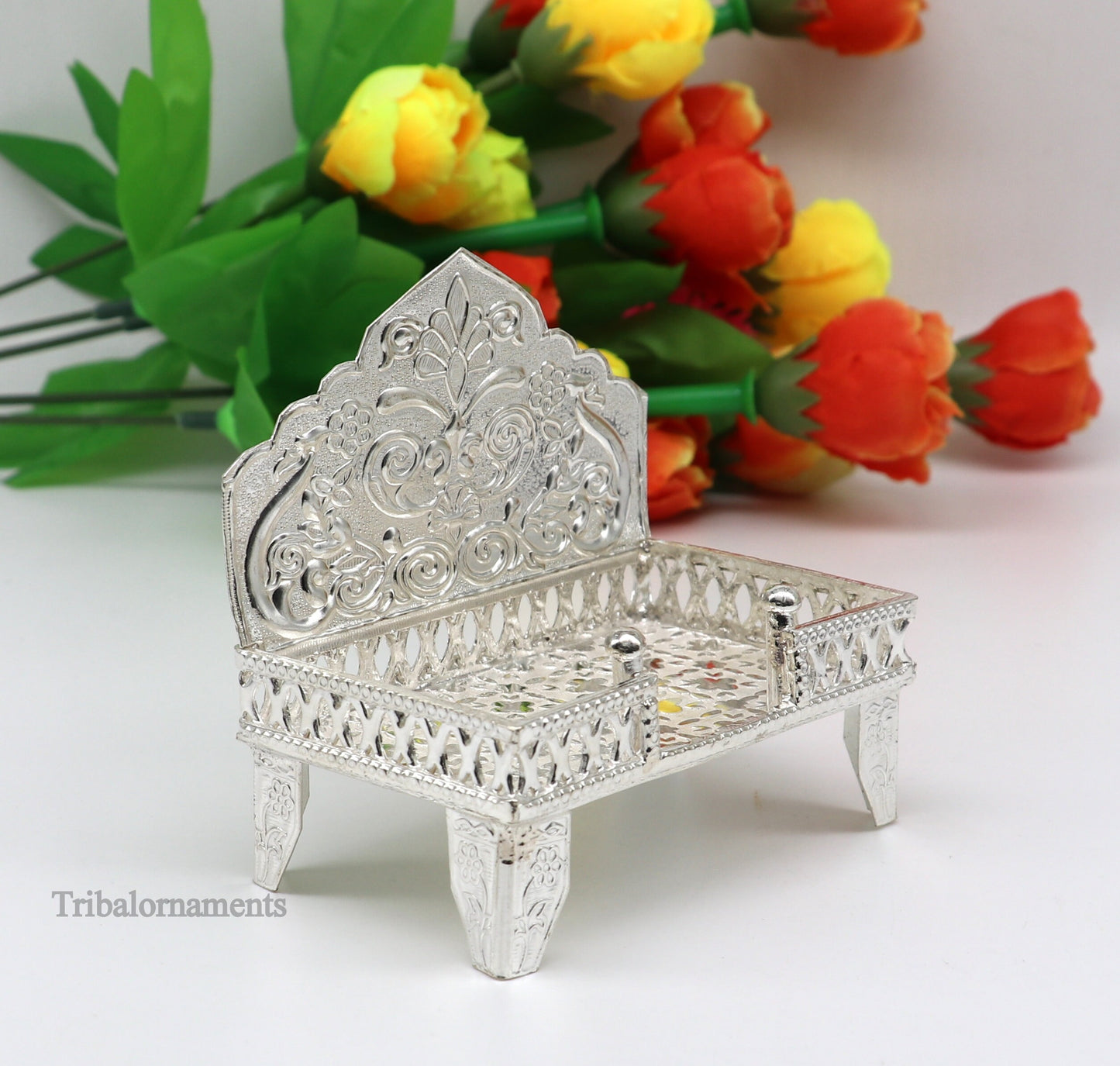 925 pure sterling silver handcrafted Singhasan, idol krishna Bal Gopala Throne, God statue's Palna chair, temple art puja article su425 - TRIBAL ORNAMENTS