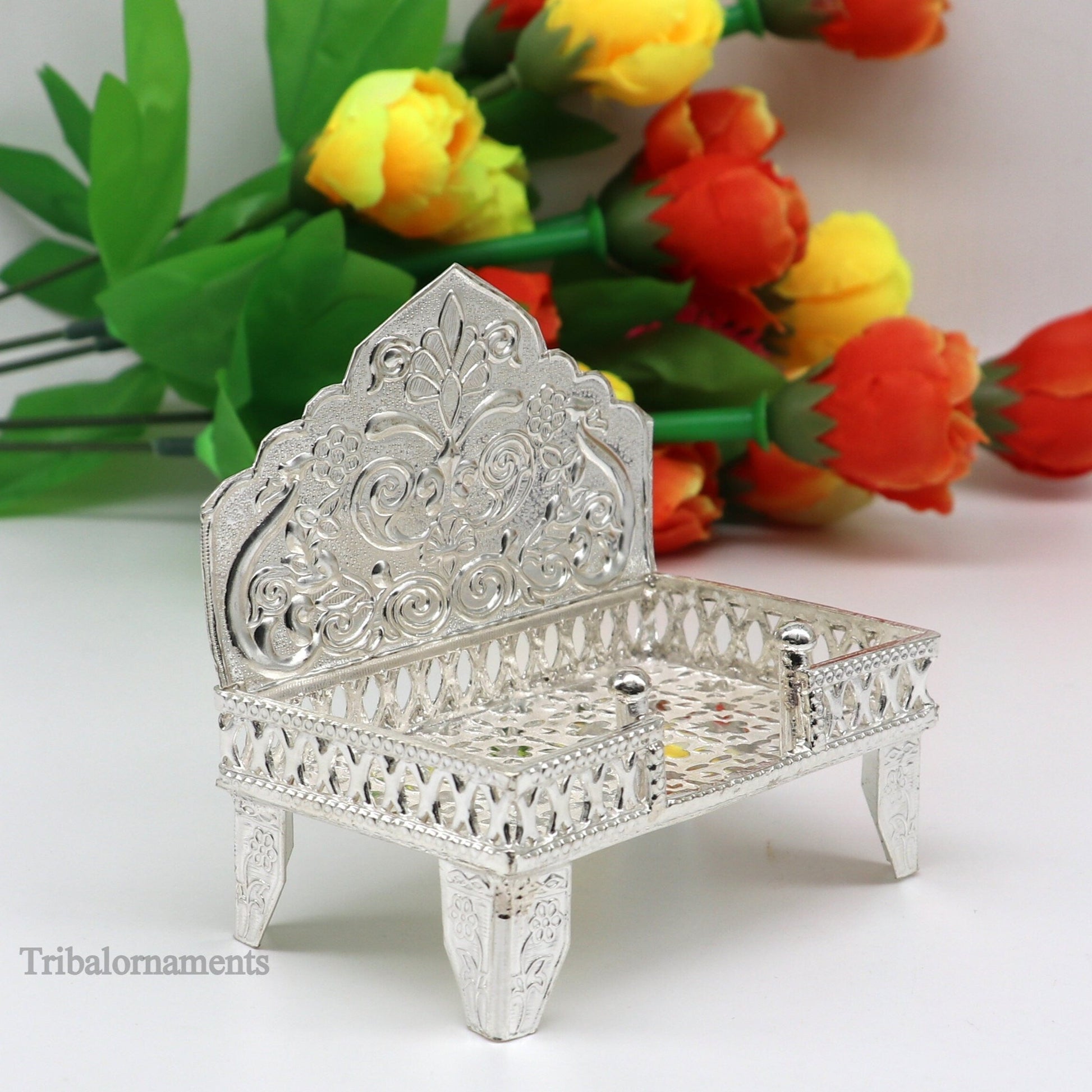 925 pure sterling silver handcrafted Singhasan,idols and goddess Throne, God statue Palna chair, temple art laddu gopal puja article su1015 - TRIBAL ORNAMENTS