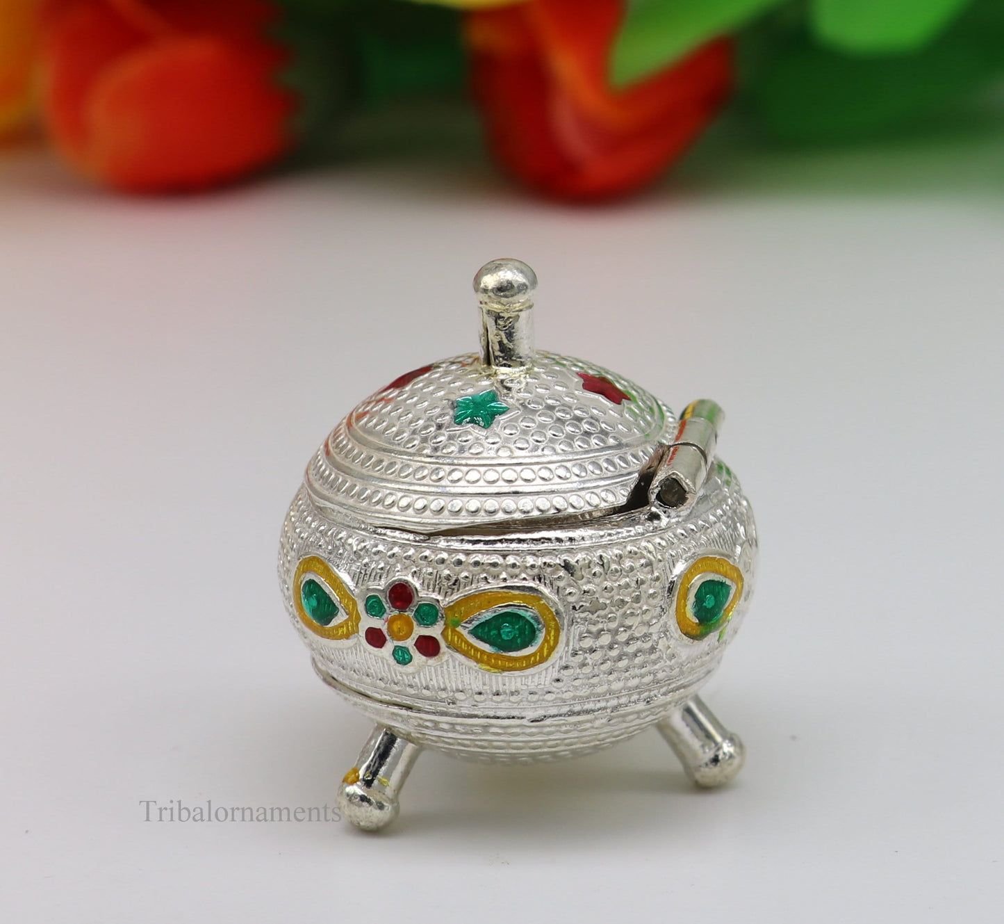 925 Sterling silver handmade fabulous trinket box, solid container box, casket box, sindoor box, enamel work customized gifting box stb179 - TRIBAL ORNAMENTS