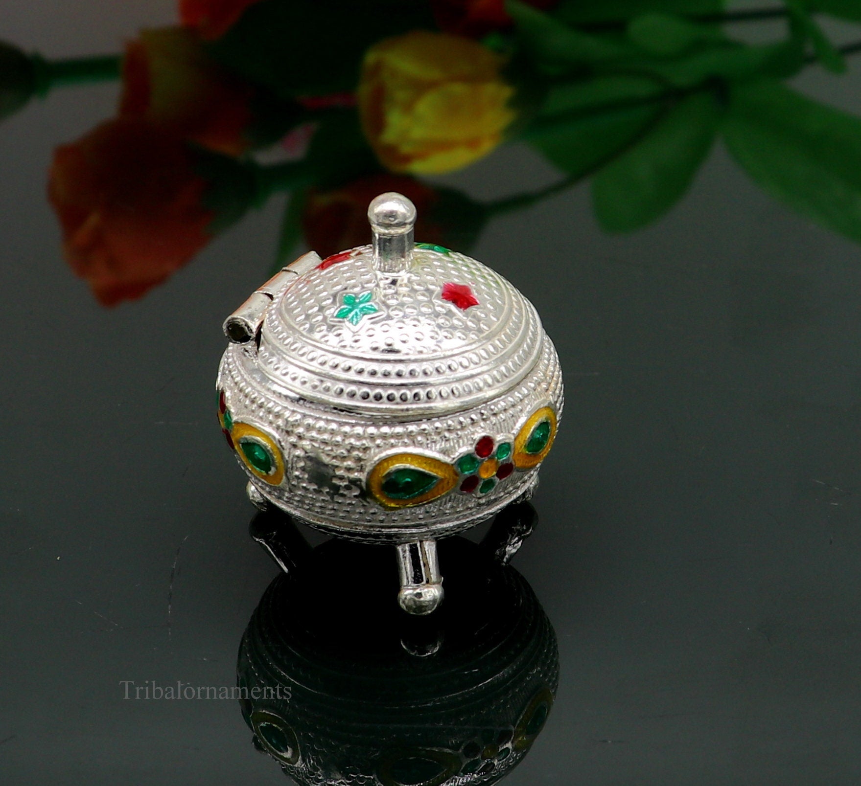 925 Sterling silver handmade fabulous trinket box, solid container box, casket box, sindoor box, enamel work customized gifting box stb179 - TRIBAL ORNAMENTS