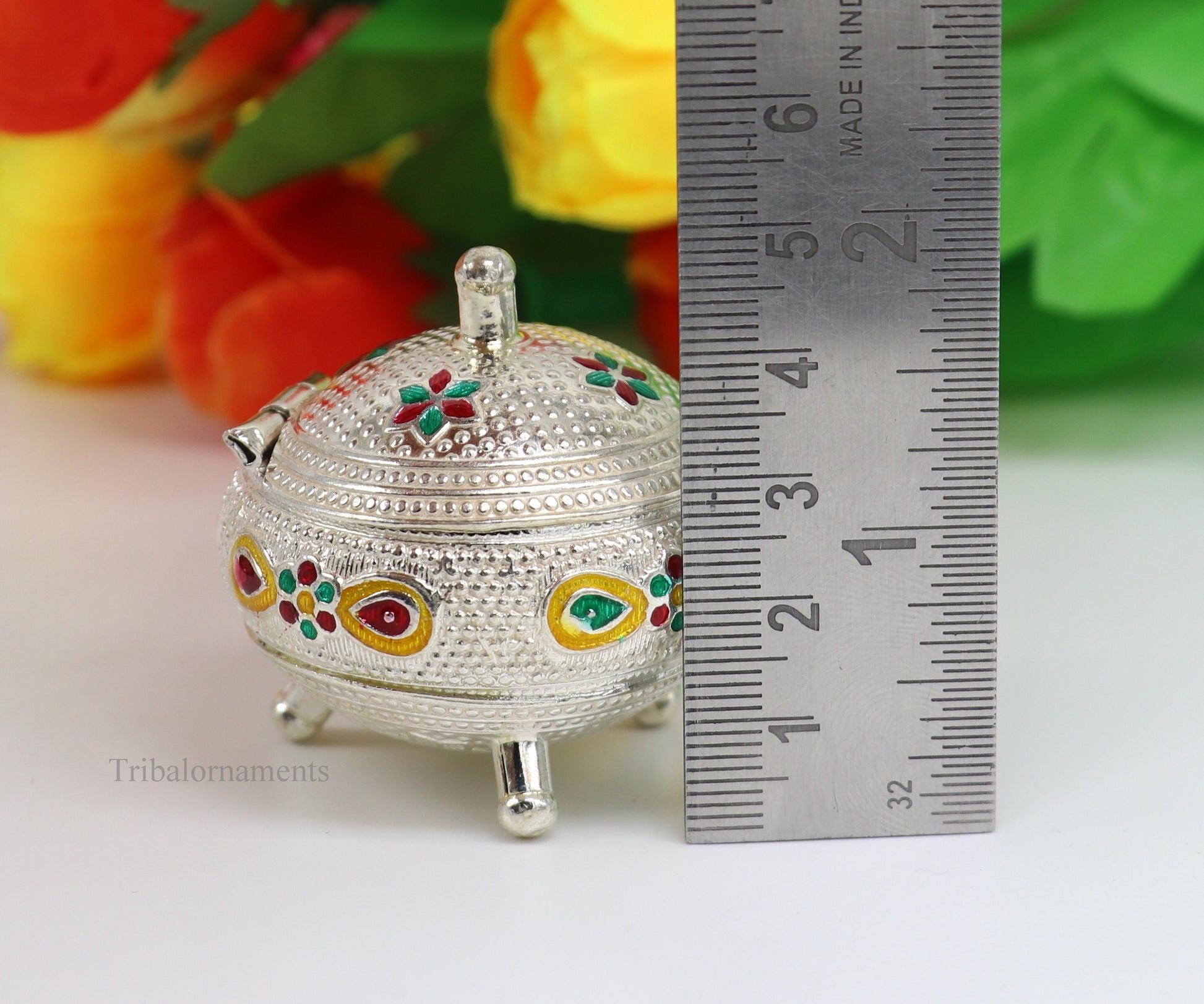 925 Sterling silver handmade fabulous trinket box, solid container box, casket box, sindoor box, enamel work customized gifting box stb186 - TRIBAL ORNAMENTS