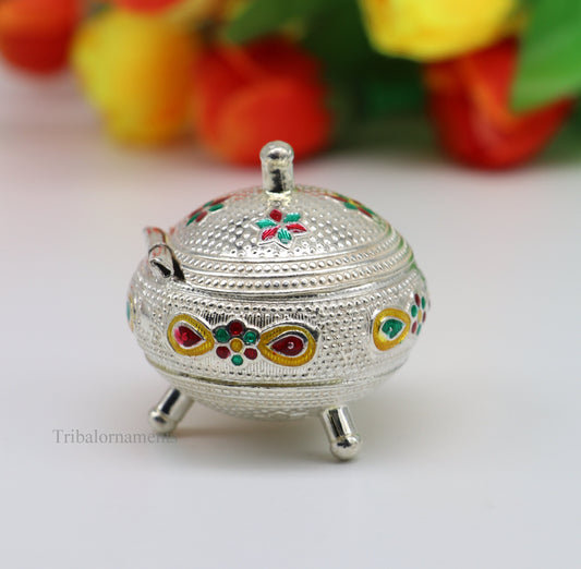 925 Sterling silver handmade fabulous trinket box, solid container box, casket box, sindoor box, enamel work customized gifting box stb186 - TRIBAL ORNAMENTS