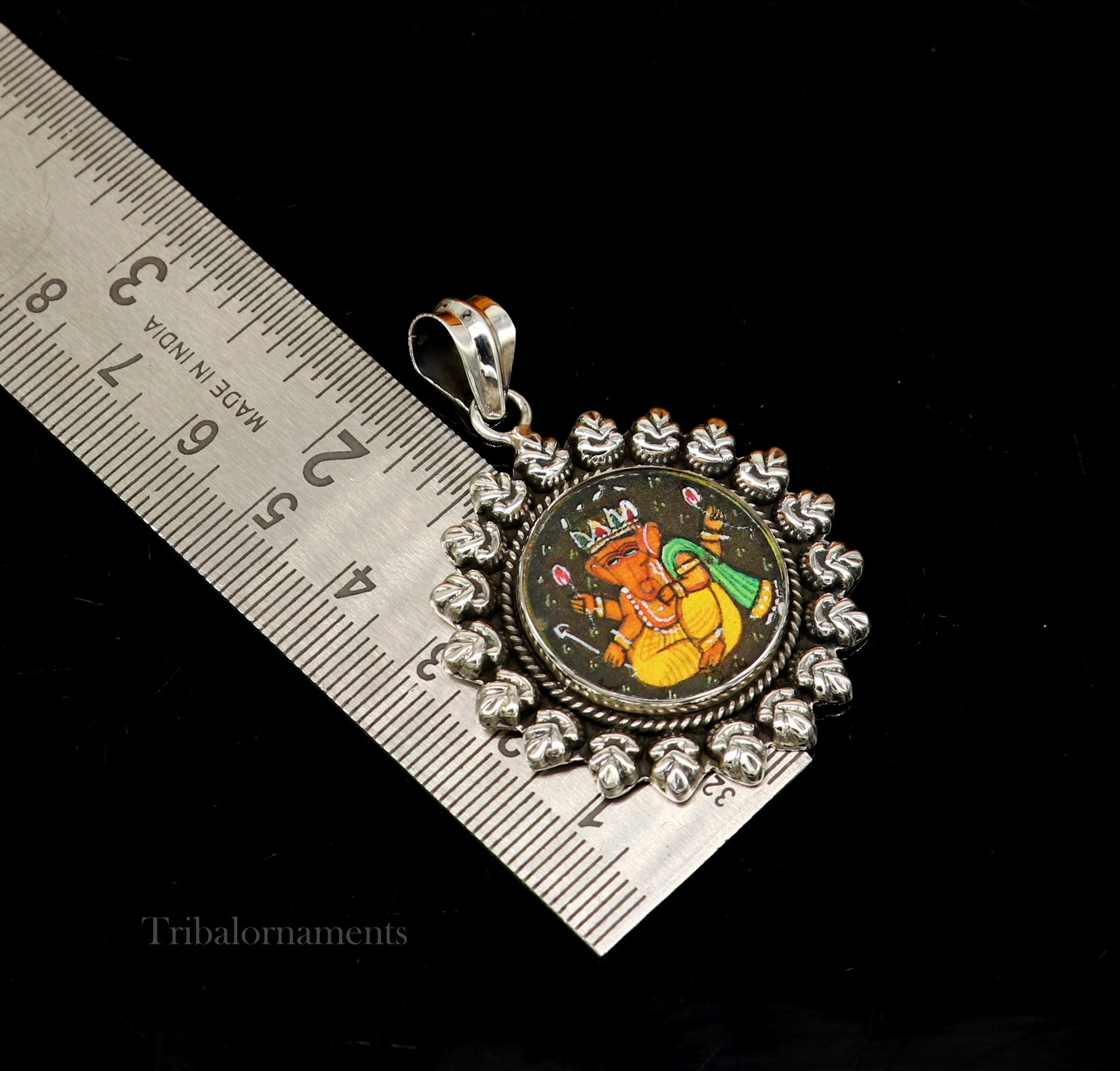Hindu deity 92.5 Sterling Silver Hand Painted Miniature Art Painting photo God Ganesha Glass Framed Pendant ethnic stylish jewelry ssp814 - TRIBAL ORNAMENTS
