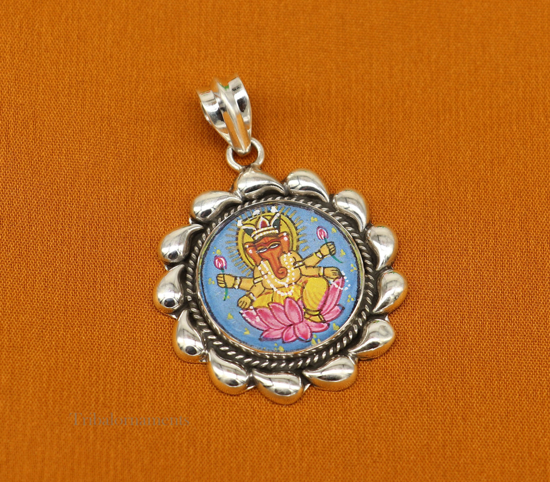 92.5 Sterling Silver Lord Ganesh Pendant Hand Painted Miniature Art Painting photo with Glass Framed Pendant ethnic stylish jewelry ssp815 - TRIBAL ORNAMENTS