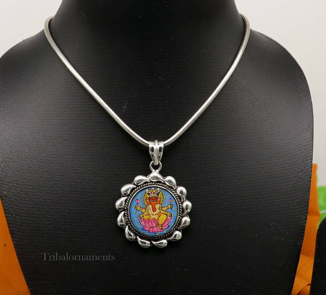 92.5 Sterling Silver Lord Ganesh Pendant Hand Painted Miniature Art Painting photo with Glass Framed Pendant ethnic stylish jewelry ssp815 - TRIBAL ORNAMENTS