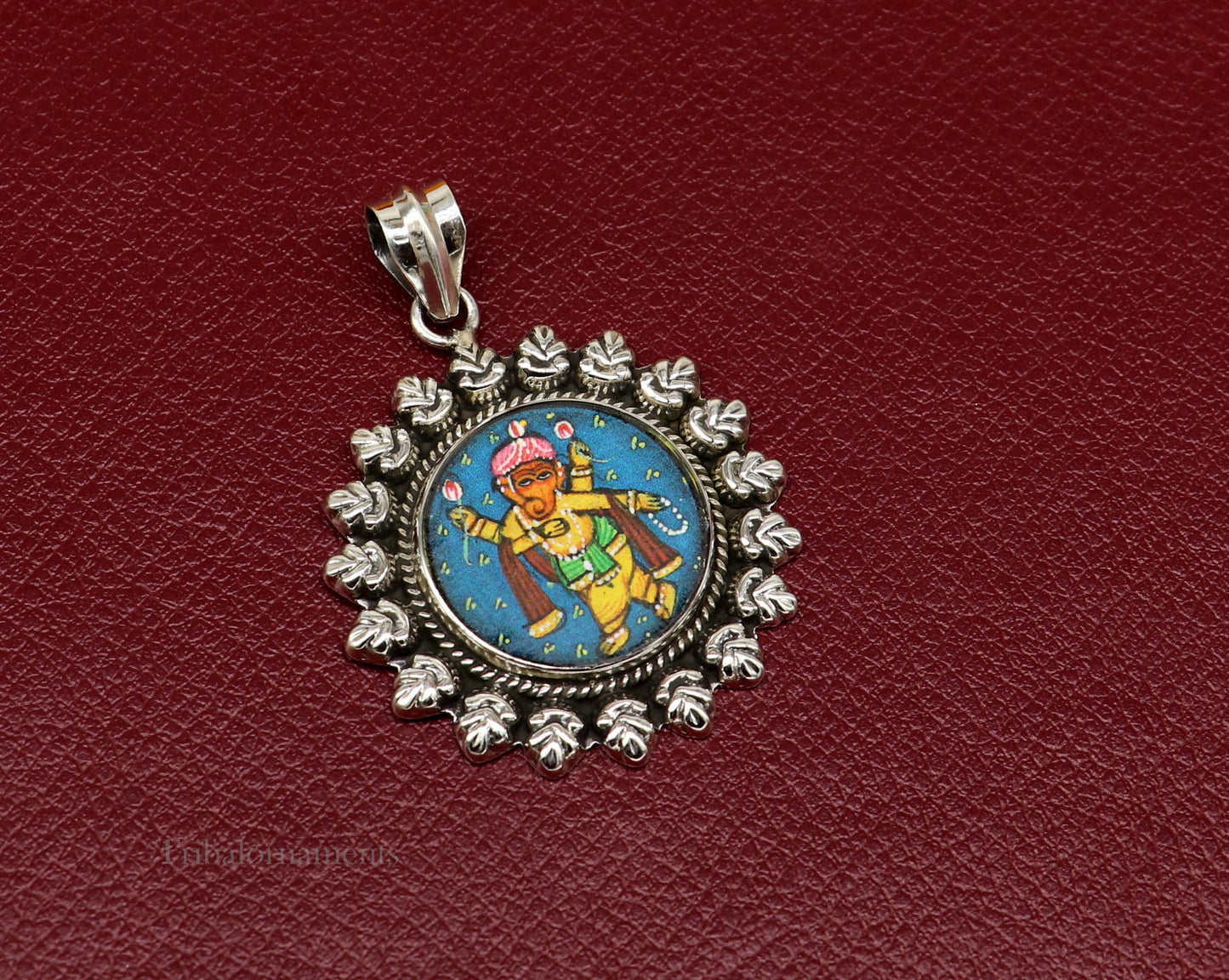 92.5 Sterling Silver Lord Ganesh Pendant Hand Painted Miniature Art Painting photo with Glass Framed Pendant ethnic stylish jewelry ssp812 - TRIBAL ORNAMENTS