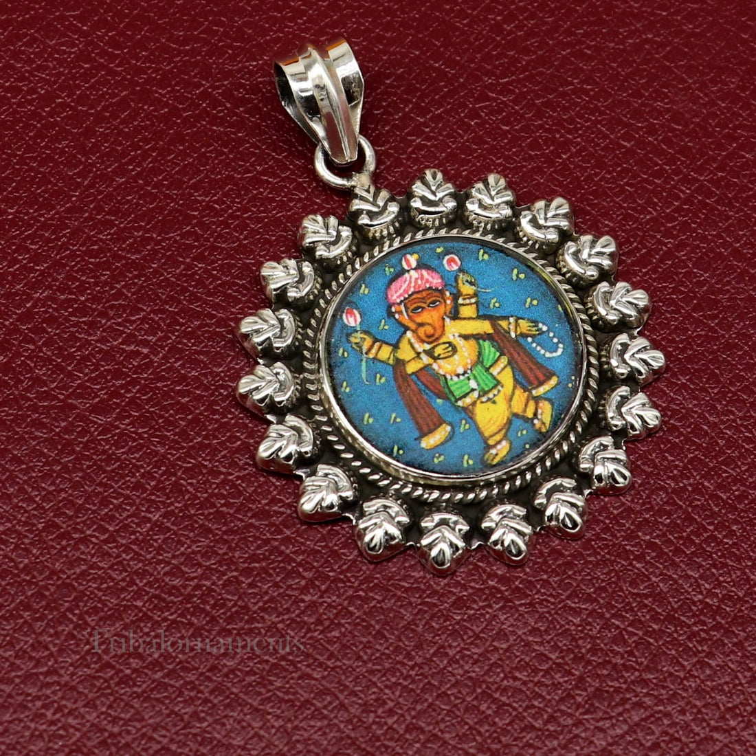 92.5 Sterling Silver Lord Ganesh Pendant Hand Painted Miniature Art Painting photo with Glass Framed Pendant ethnic stylish jewelry ssp812 - TRIBAL ORNAMENTS