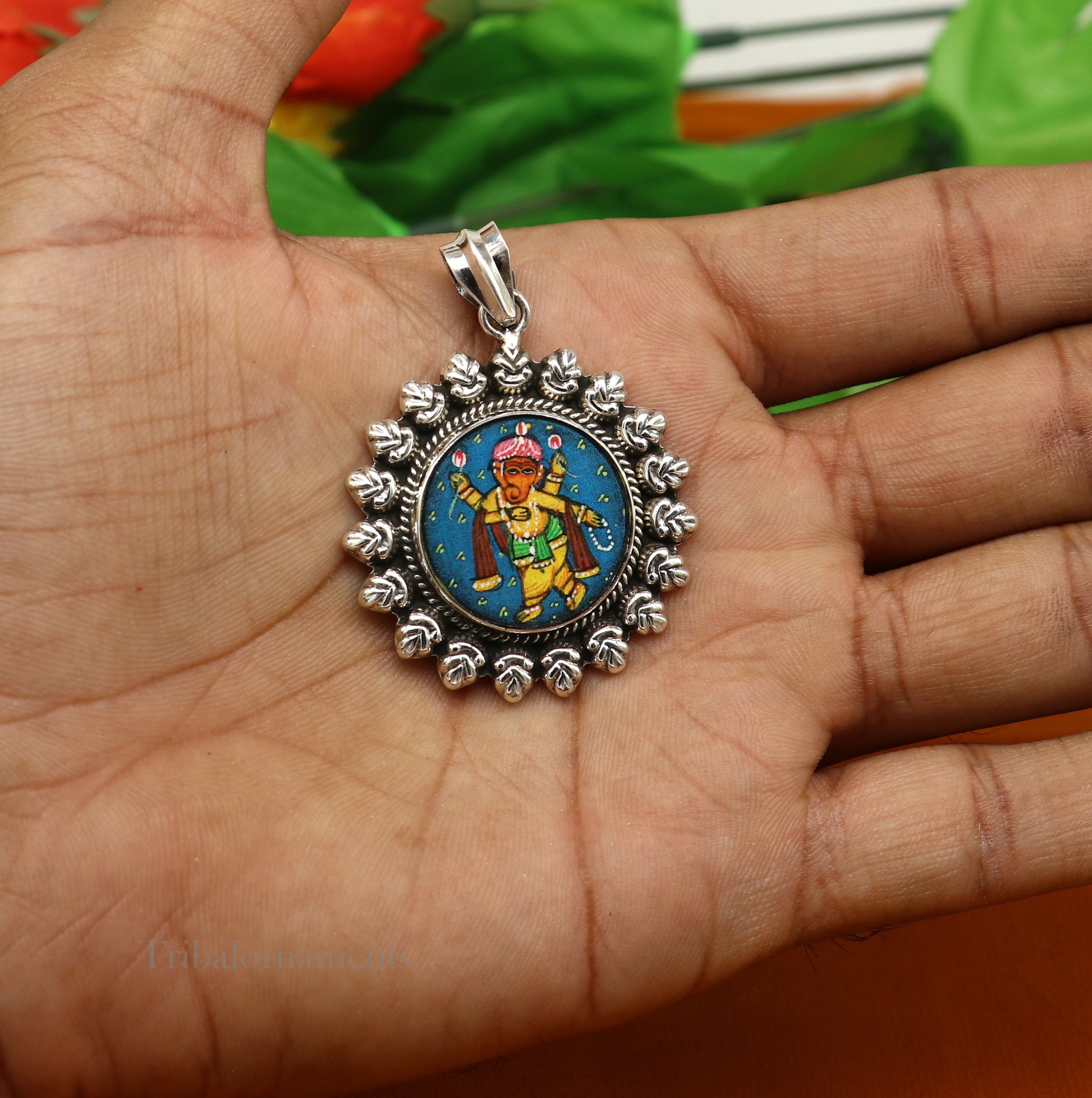 92.5 Sterling Silver Lord Ganesh Pendant Hand Painted Miniature Art Painting photo with Glass Framed Pendant ethnic stylish jewelry ssp812 - TRIBAL ORNAMENTS