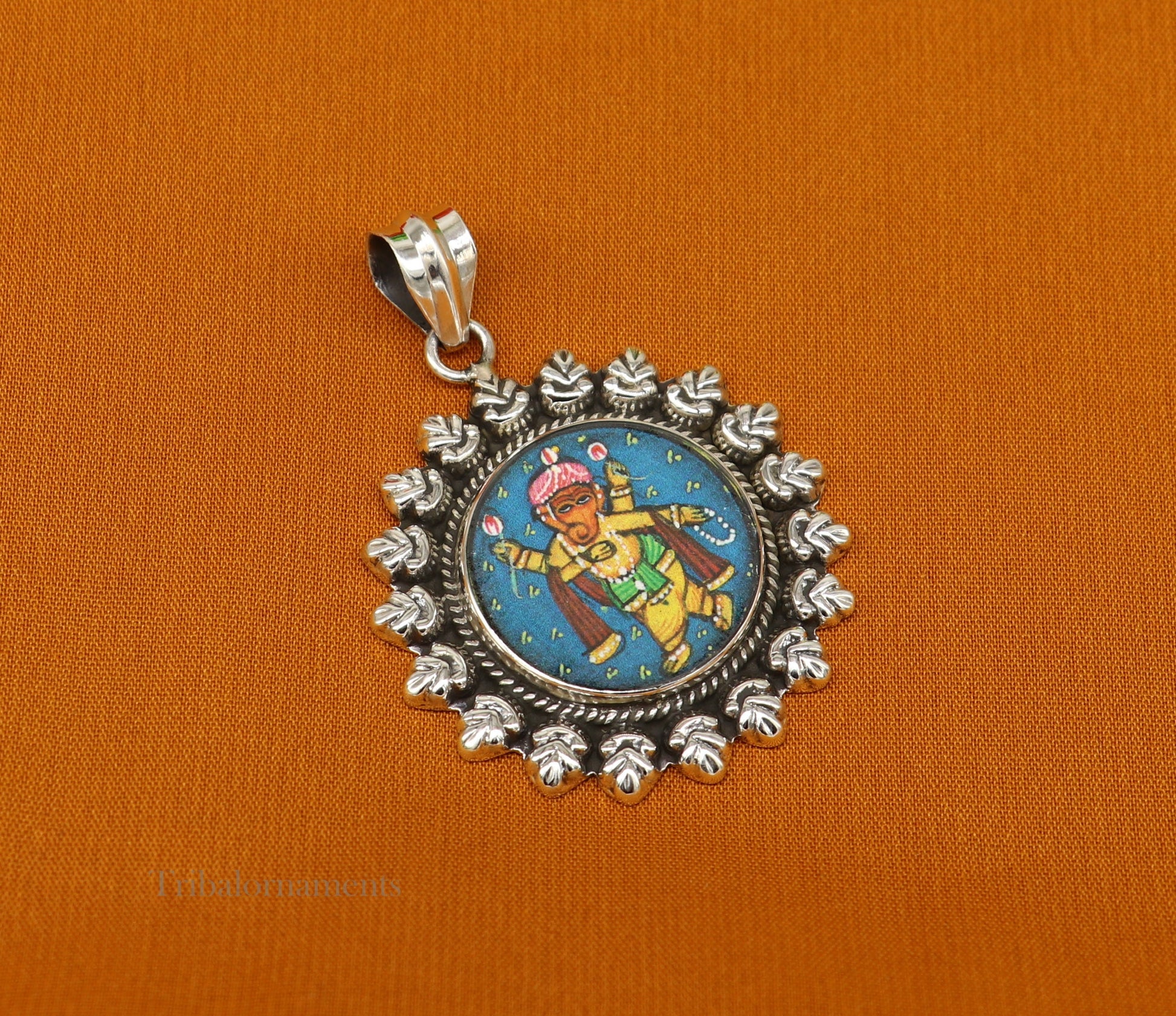 92.5 Sterling Silver Lord Ganesh Pendant Hand Painted Miniature Art Painting photo with Glass Framed Pendant ethnic stylish jewelry ssp812 - TRIBAL ORNAMENTS