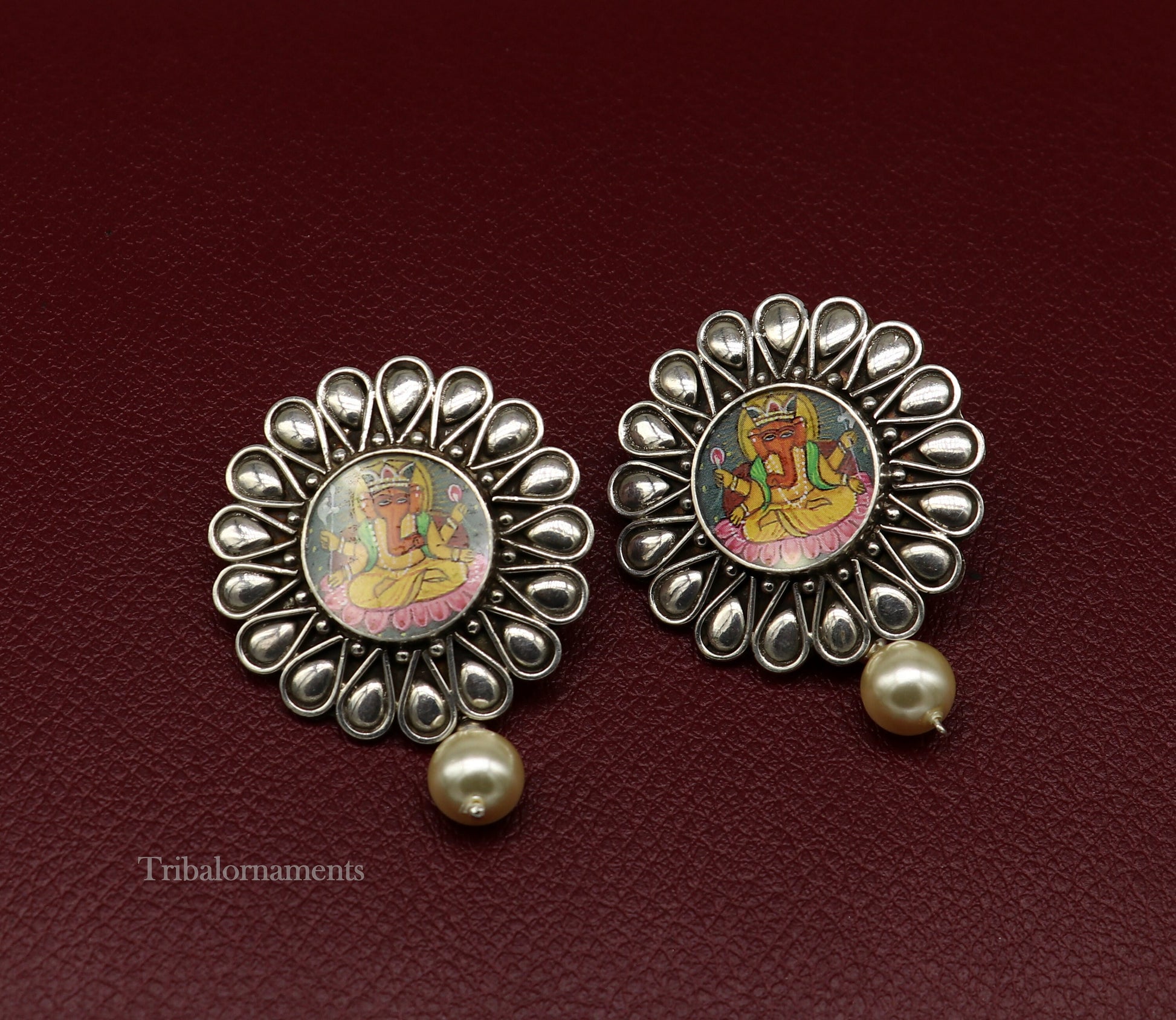 92.5 Sterling Silver Hand Painted Miniature Art Painting photo God Ganesha Glass Framed Stud earring ethnic stylish tribal jewelry ear1032 - TRIBAL ORNAMENTS