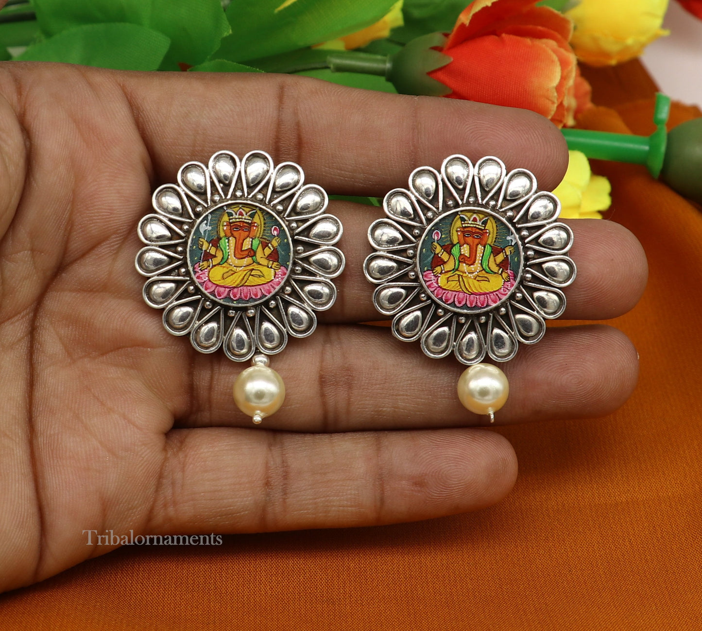 92.5 Sterling Silver Hand Painted Miniature Art Painting photo God Ganesha Glass Framed Stud earring ethnic stylish tribal jewelry ear1032 - TRIBAL ORNAMENTS