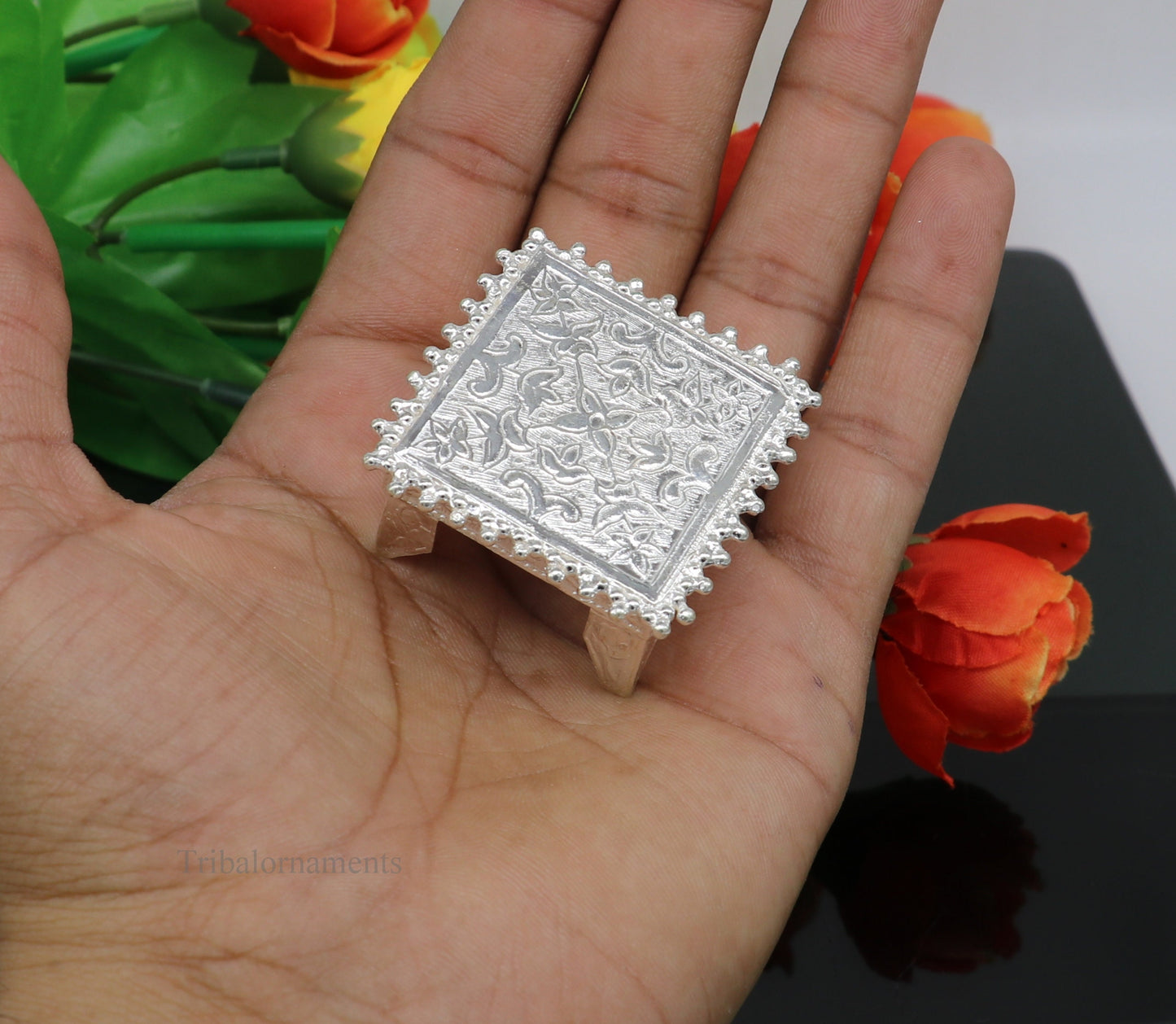 1.5" Vintage design Sterling silver handmade customize small square shape table/bazot/chouki, excellent home puja utensils temple art su431 - TRIBAL ORNAMENTS
