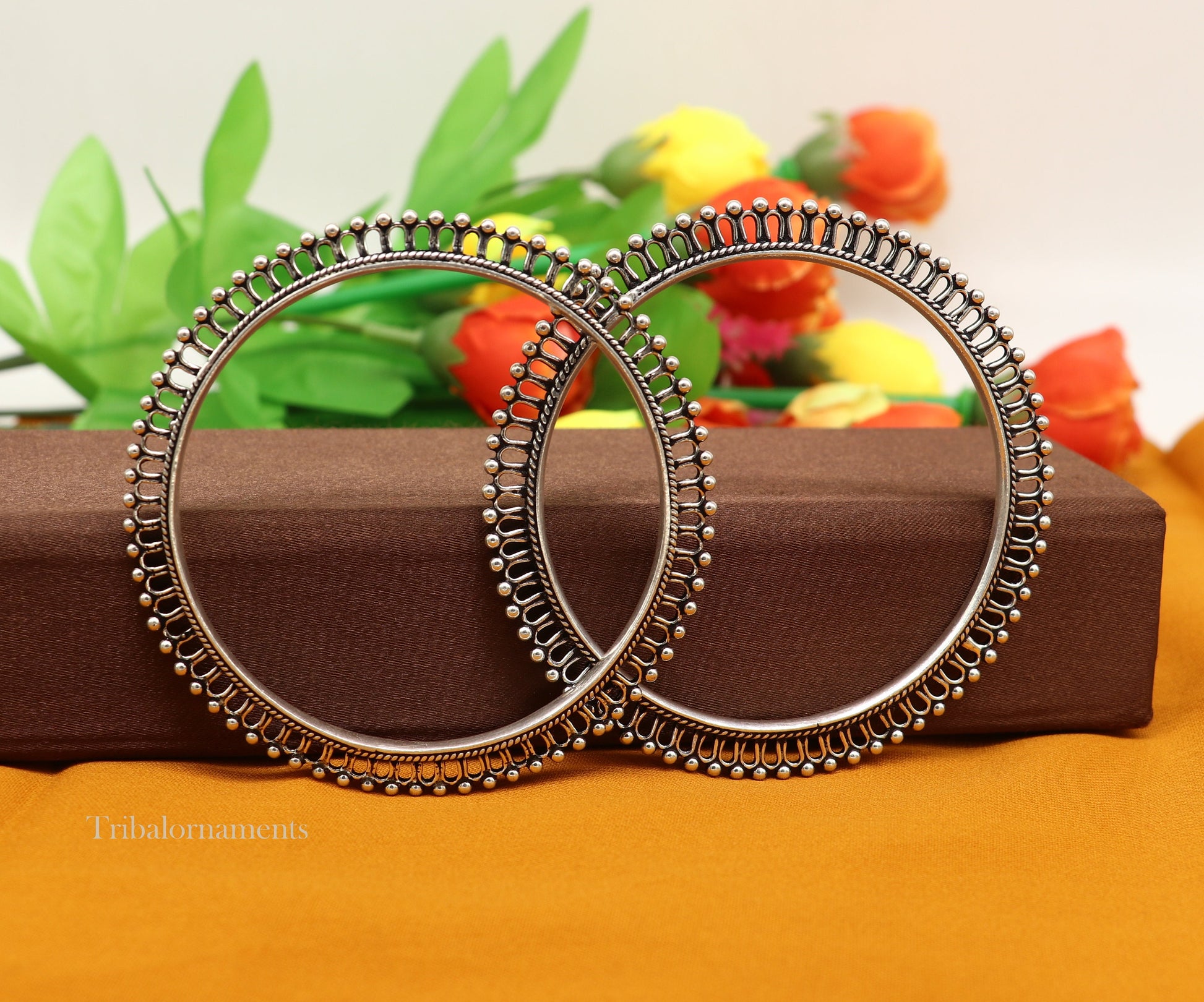 92.5 silver handmade vintage antique stylish waved beaded bangle bracelet, oxidized silver wedding brides made customized bangles nba201 - TRIBAL ORNAMENTS