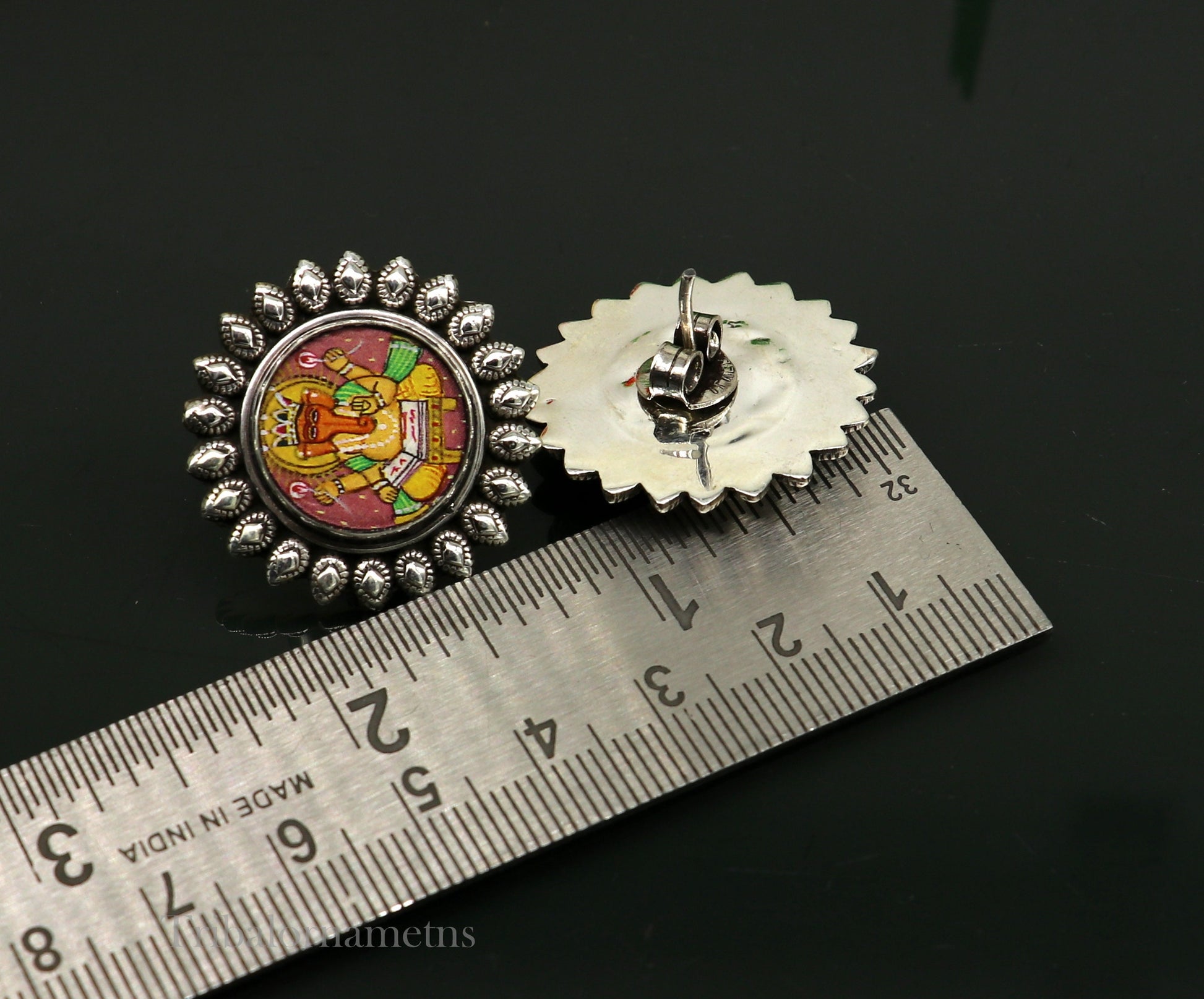 92.5 Sterling Silver Divine Mantra God Ganesh Stud earring Hand Painted Miniature Art photo Glass Framed ethnic stylish jewelry ear945 - TRIBAL ORNAMENTS