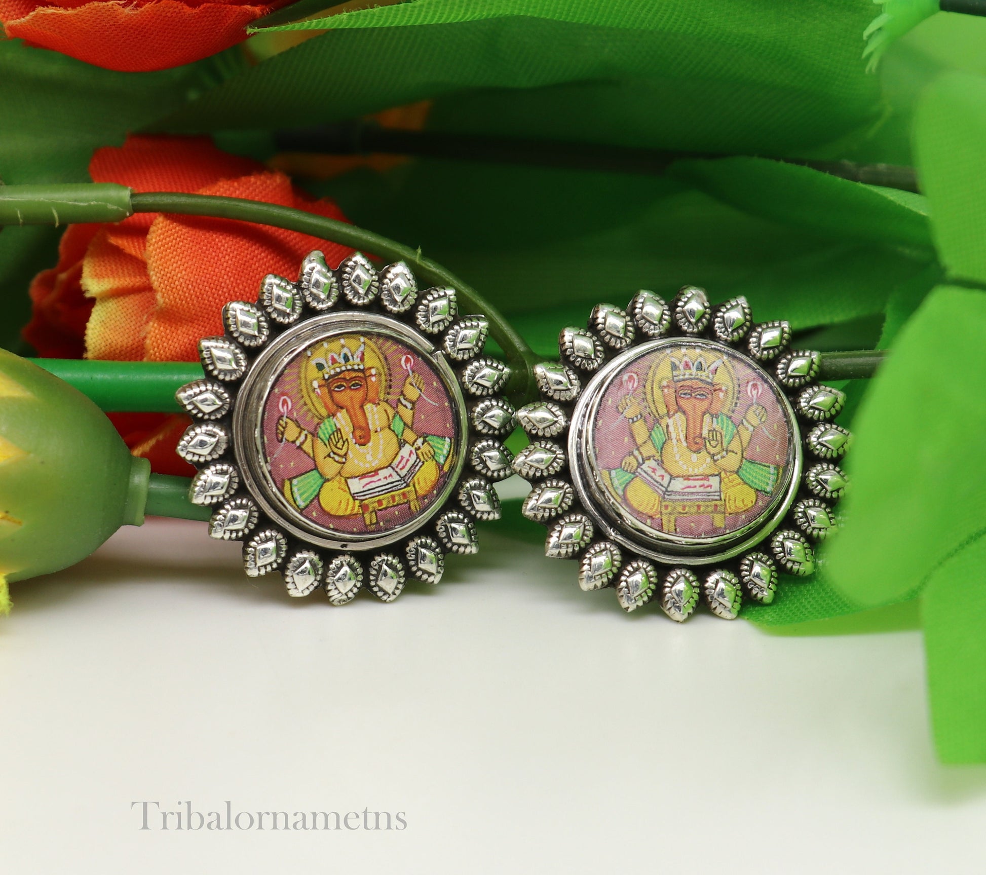 92.5 Sterling Silver Divine Mantra God Ganesh Stud earring Hand Painted Miniature Art photo Glass Framed ethnic stylish jewelry ear945 - TRIBAL ORNAMENTS