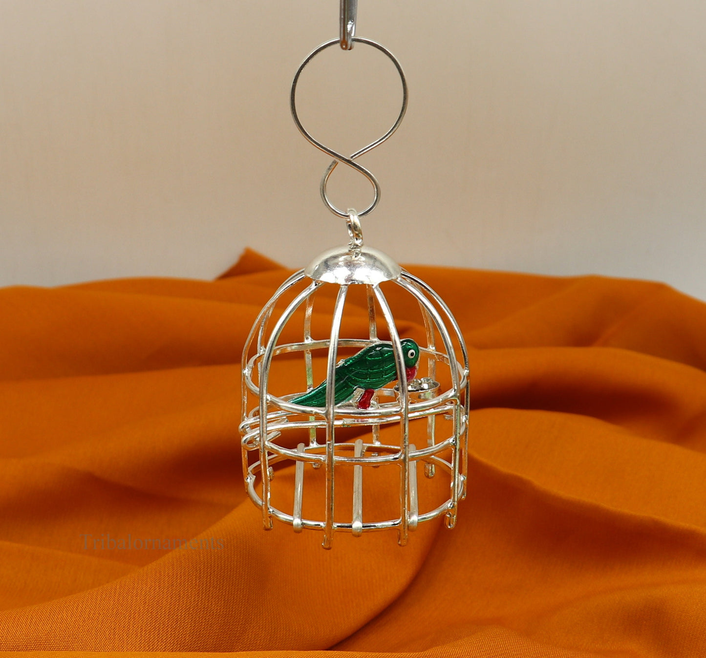 Solid sterling silver handmade toy for idol krishna, silver parrot with cage, silver article for gifting to God or idol Krishna,  su446 - TRIBAL ORNAMENTS