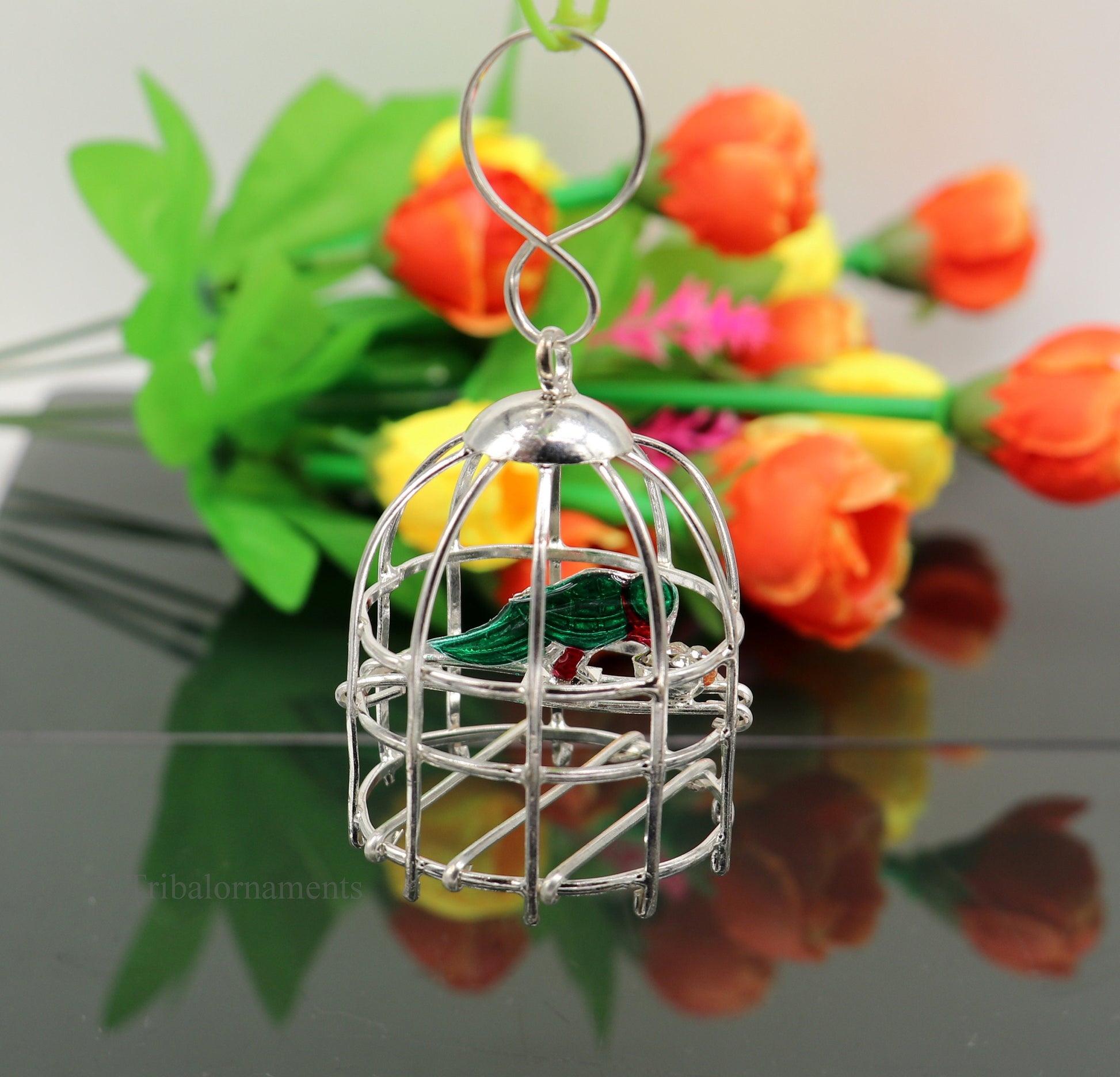 Solid sterling silver handmade toy for idol krishna, silver parrot with cage, silver article for gifting to God or idol Krishna,  su446 - TRIBAL ORNAMENTS