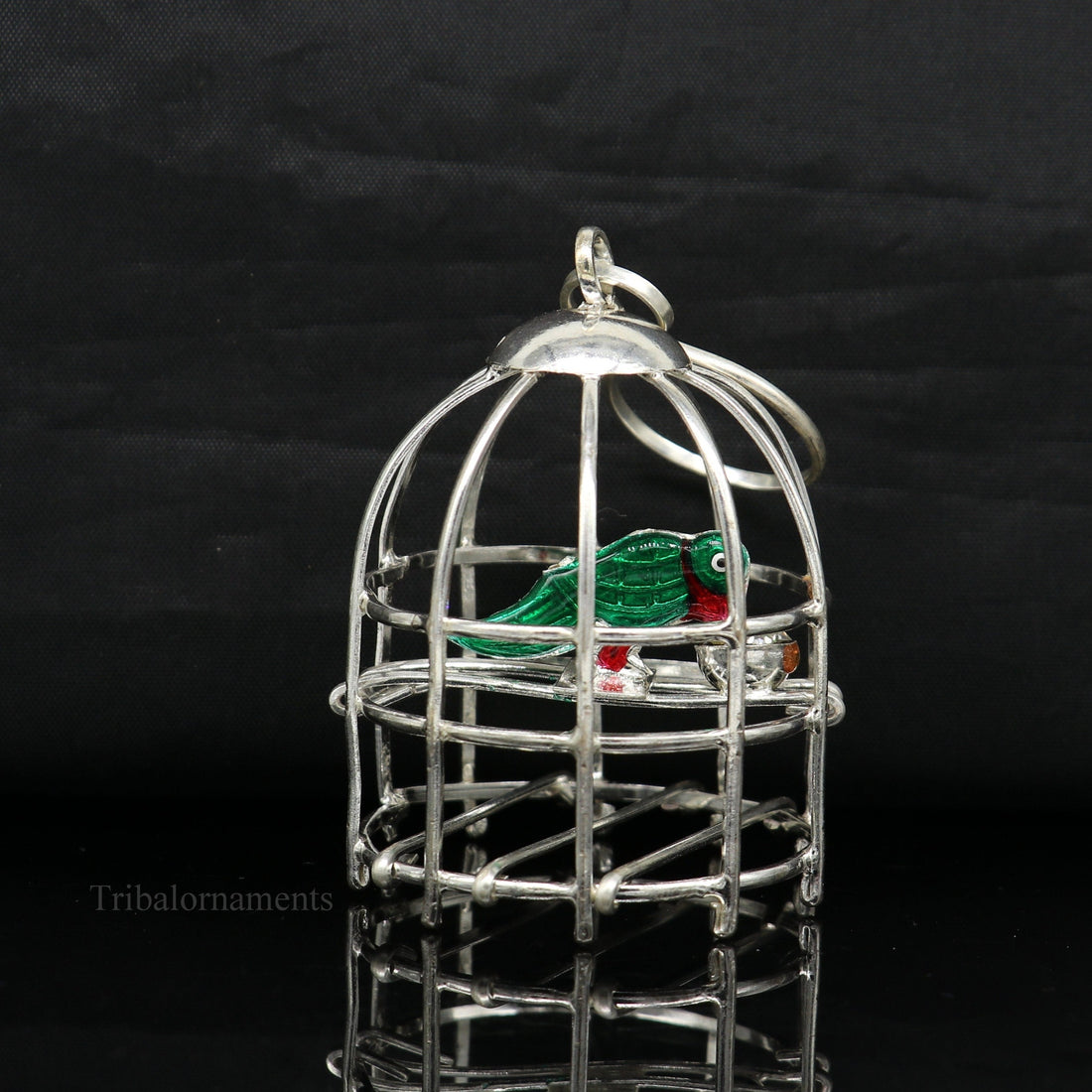 Solid sterling silver handmade toy for idol krishna, silver parrot with cage, silver article for gifting to God or idol Krishna,  su446 - TRIBAL ORNAMENTS