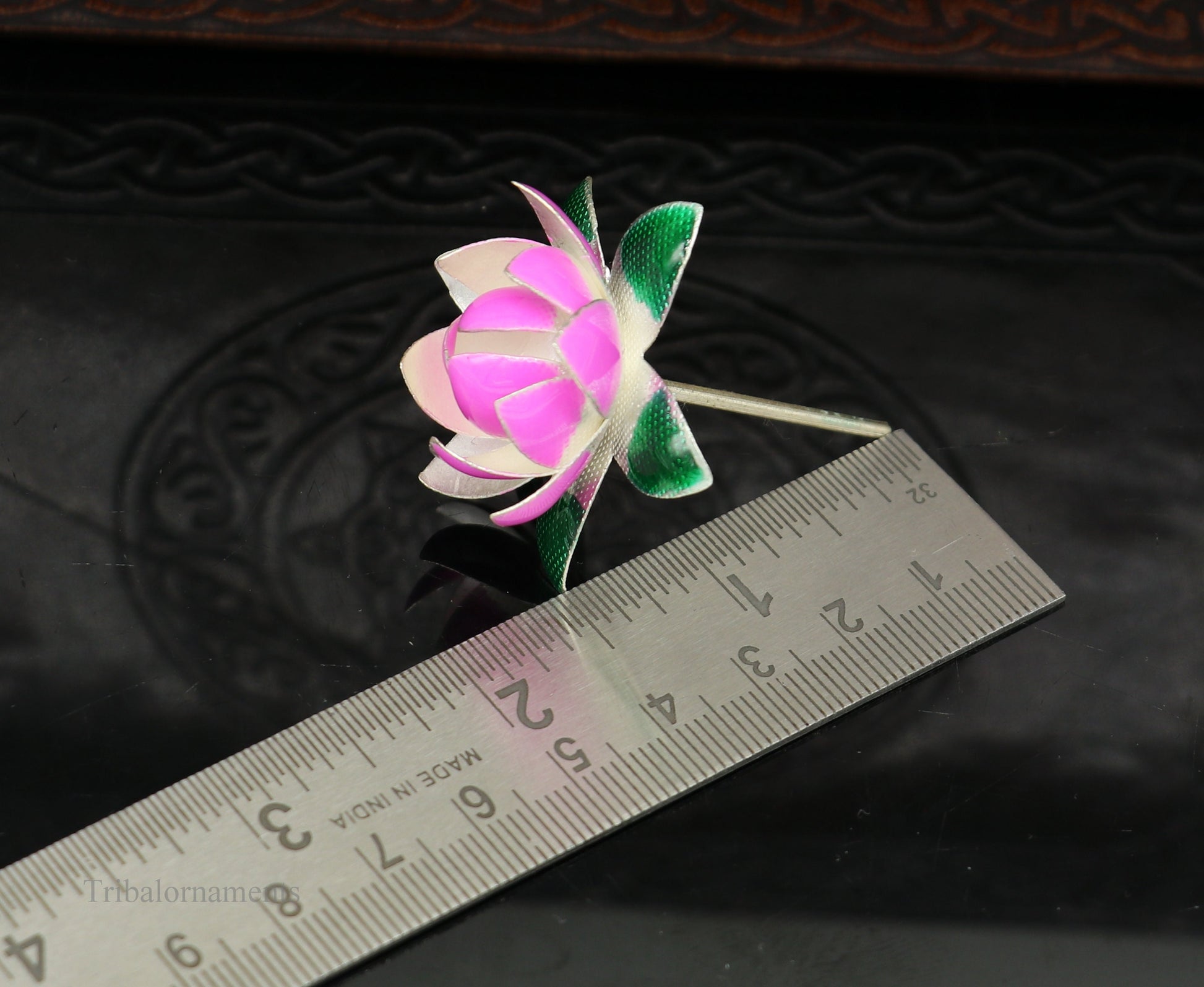 Solid sterling silver handmade small lotus flower puja god temple article, excellent customized enamel silver worshipping articles su448 - TRIBAL ORNAMENTS