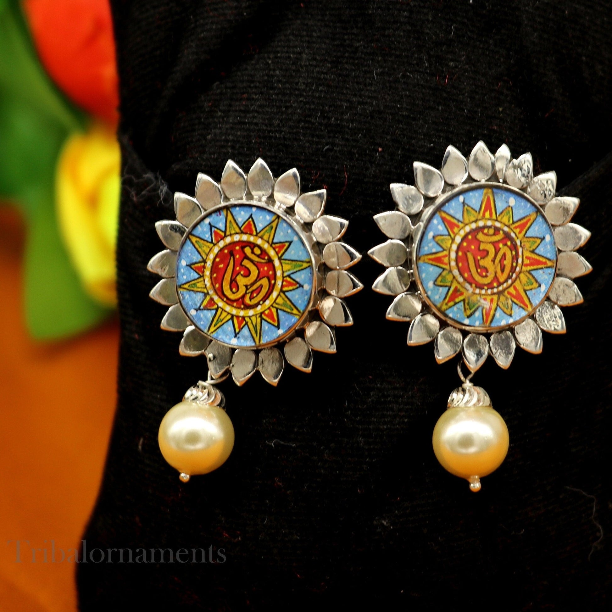 92.5 Sterling Silver Divine Mantra 'om' Aum' Stud earring Hand Painted Miniature Art photo Glass Framed ethnic stylish jewelry ear938 - TRIBAL ORNAMENTS