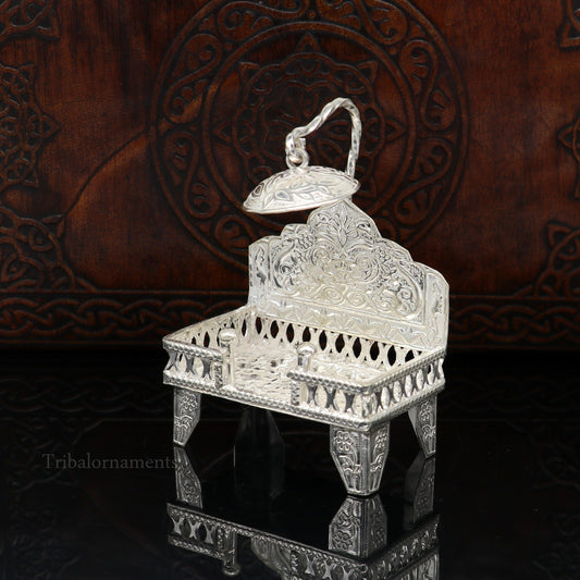 925 pure sterling silver handcrafted small singhasan, idol krishna Bal Gopala throne, god statue's stand chair, temple puja article su454 - TRIBAL ORNAMENTS