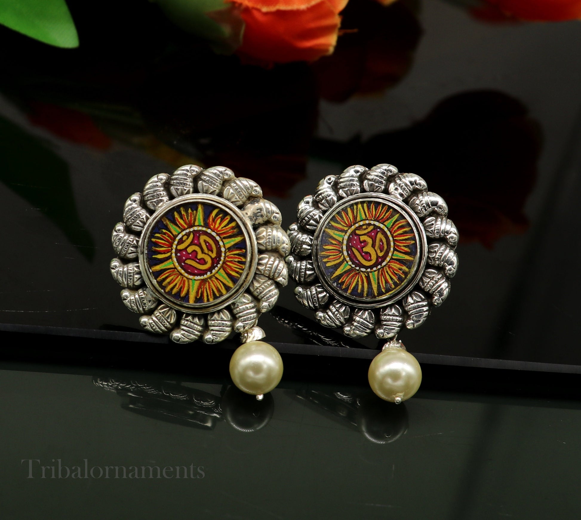 Divine Mantra "Aum' OM Stud earring Hand Painted Miniature Art photo Glass Framed 92.5 Sterling Silver ethnic earring stylish jewelry ear939 - TRIBAL ORNAMENTS