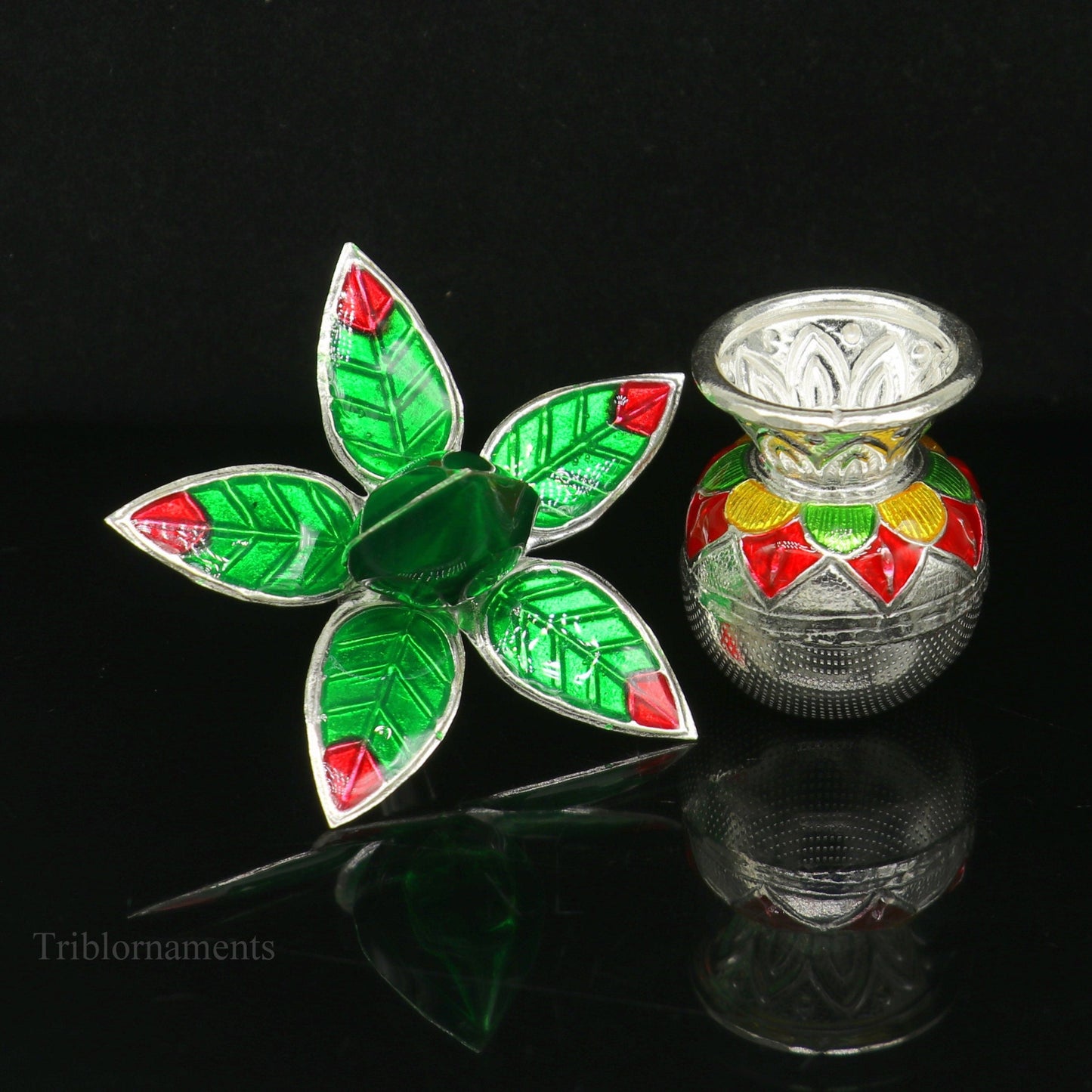 Amazing worshippinng Solid sterling silver handmade puja kalash silver with leaf, excellent home temple article puja utensils articles su462 - TRIBAL ORNAMENTS