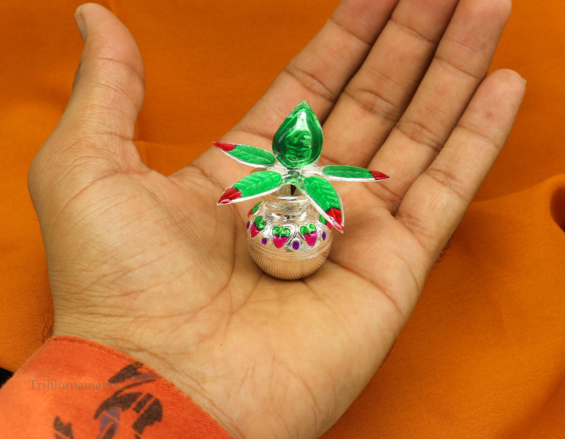 Divine small Sterling silver handmade puja kalash & mango tree leaf and coconut, stunning worshipping silver articles, temple art su467 - TRIBAL ORNAMENTS