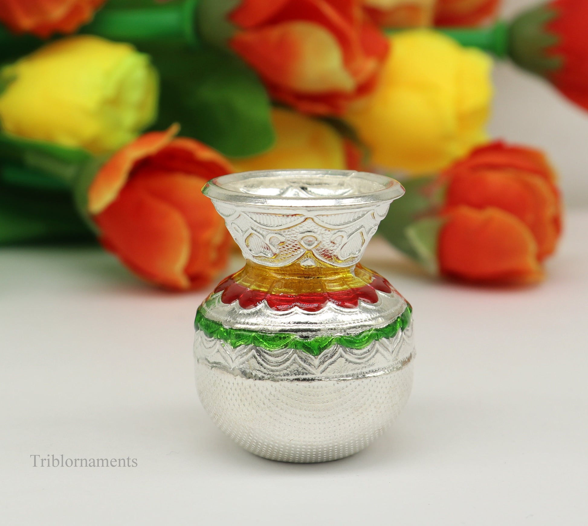 Divine small Sterling silver handmade puja kalash beautiful enamel work stunning worshipping silver articles, temple art su468 - TRIBAL ORNAMENTS