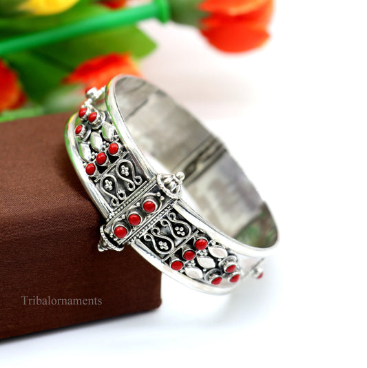 925 sterling silver handmade Indian vintage design coral stone bangle cuff bracelet stunning stylish tribal brides jewelry gifting nssk485 - TRIBAL ORNAMENTS